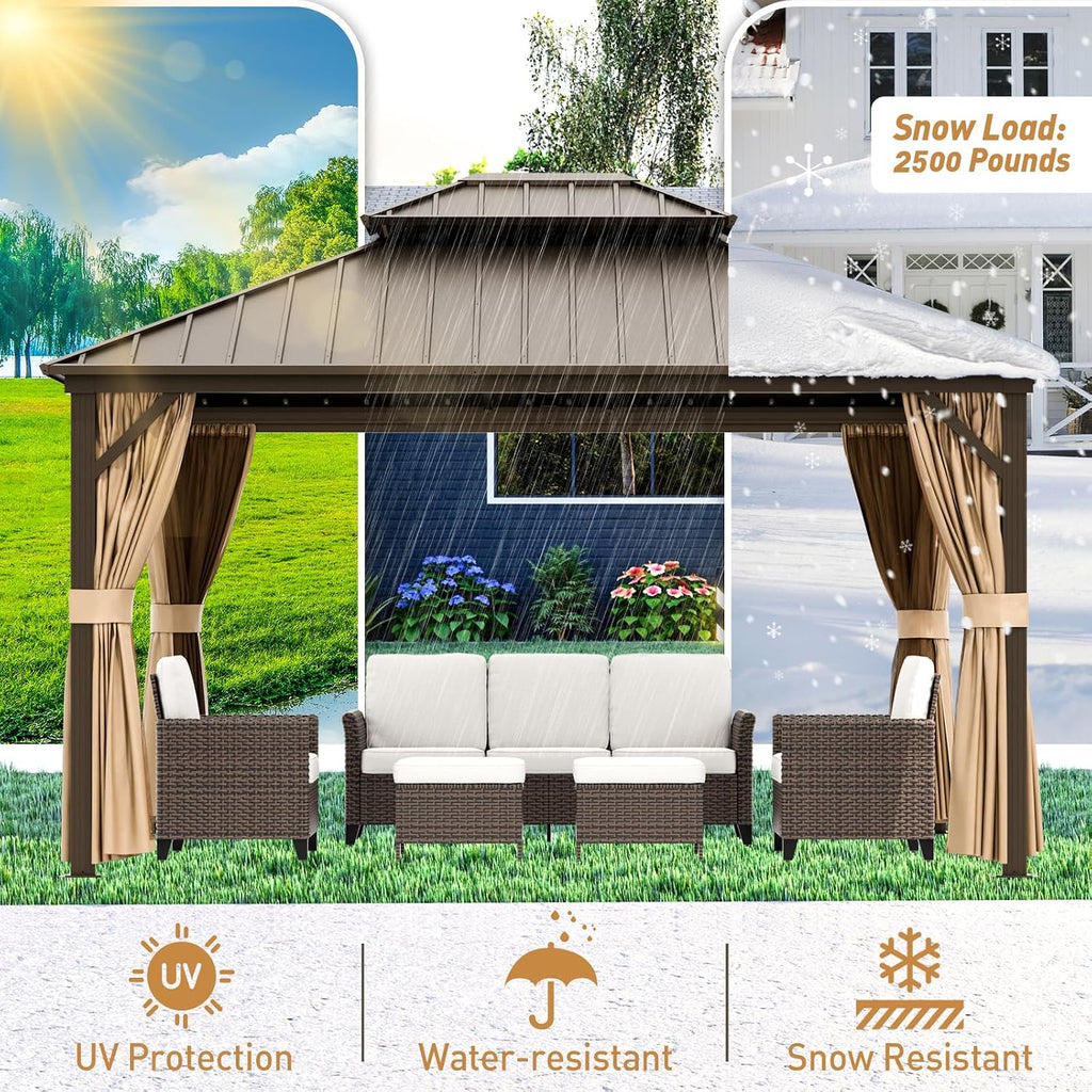 12x14 Hardtop Gazebo with Netting and Curtains, Galvanized Steel Double Roof Outdoor Pavilion with Aluminum Frame, Patio Gazebo for Deck, Garden, Lawn, Dark Brown/Tan