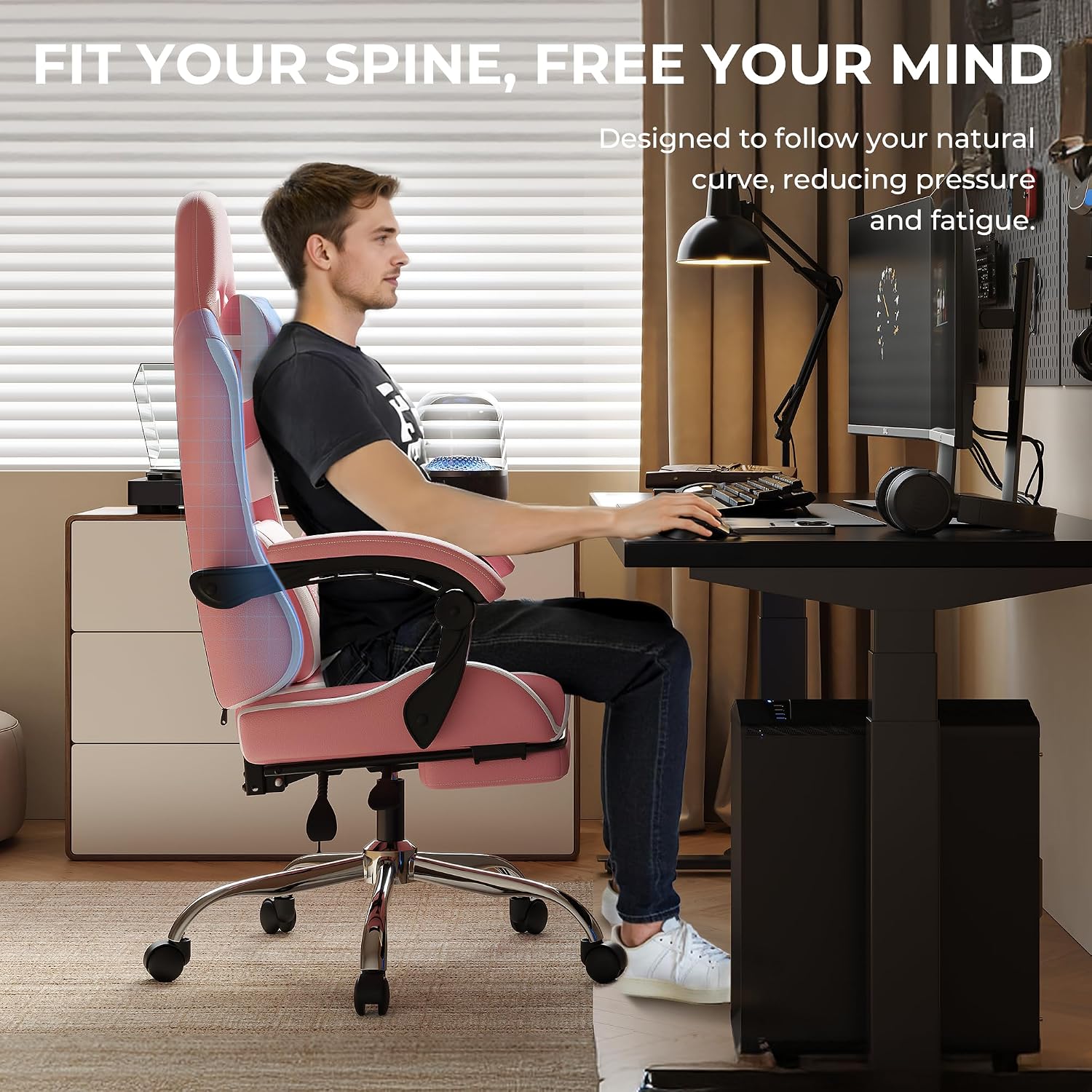 Pink Gaming Chair with Footrest and Massage Lumbar Support, Ergonomic Reclining Computer Chair 330lbs with Adjustable Height and Headrest Pillow, Cute Aesthetic Esports Chair for Girls, Pink