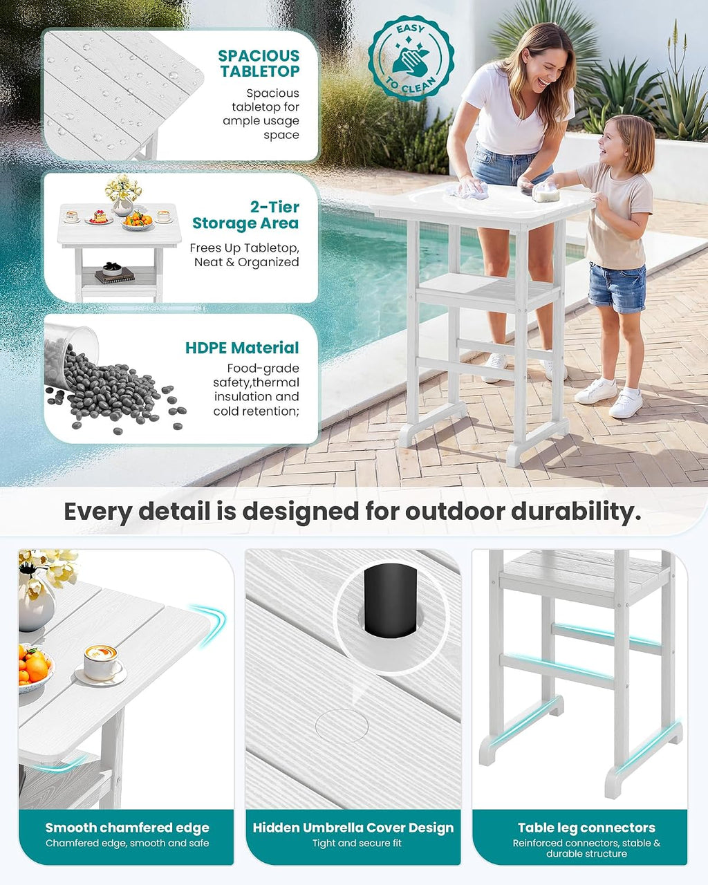 SERWALL Balcony Adirondack Chairs and Table 3 Pieces Set, Oversize Adirondack Bar Height Chairs Set of 2 and Bar Table, Outdoor Bar Stools Set, White