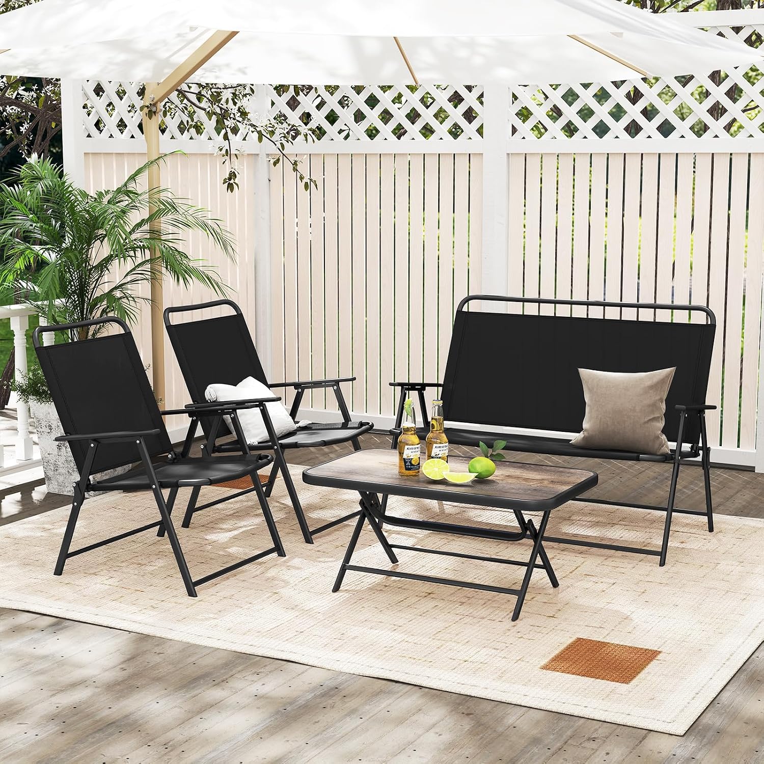 Tangkula 4 Piece Folding Patio Furniture Set, Metal Chair & Table Set with Breathable Fabric Seat, Outdoor Sectional Conversation Set with 2 Patio Chairs, Loveseat, Coffee Table for Yard Porch Deck