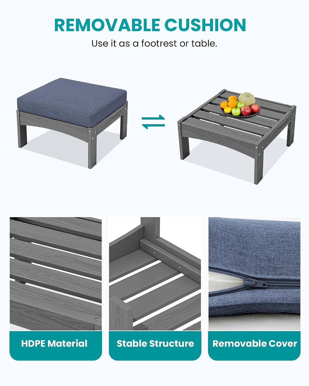 SERWALL 2 Pieces Patio Sofas, HDPE Outdoor Conversation Set with Cushions and Ottoman, Modular Sectional Patio Furniture for Backyard, Deck, Garden, Poolside, Grey Frame with Grey Cushion