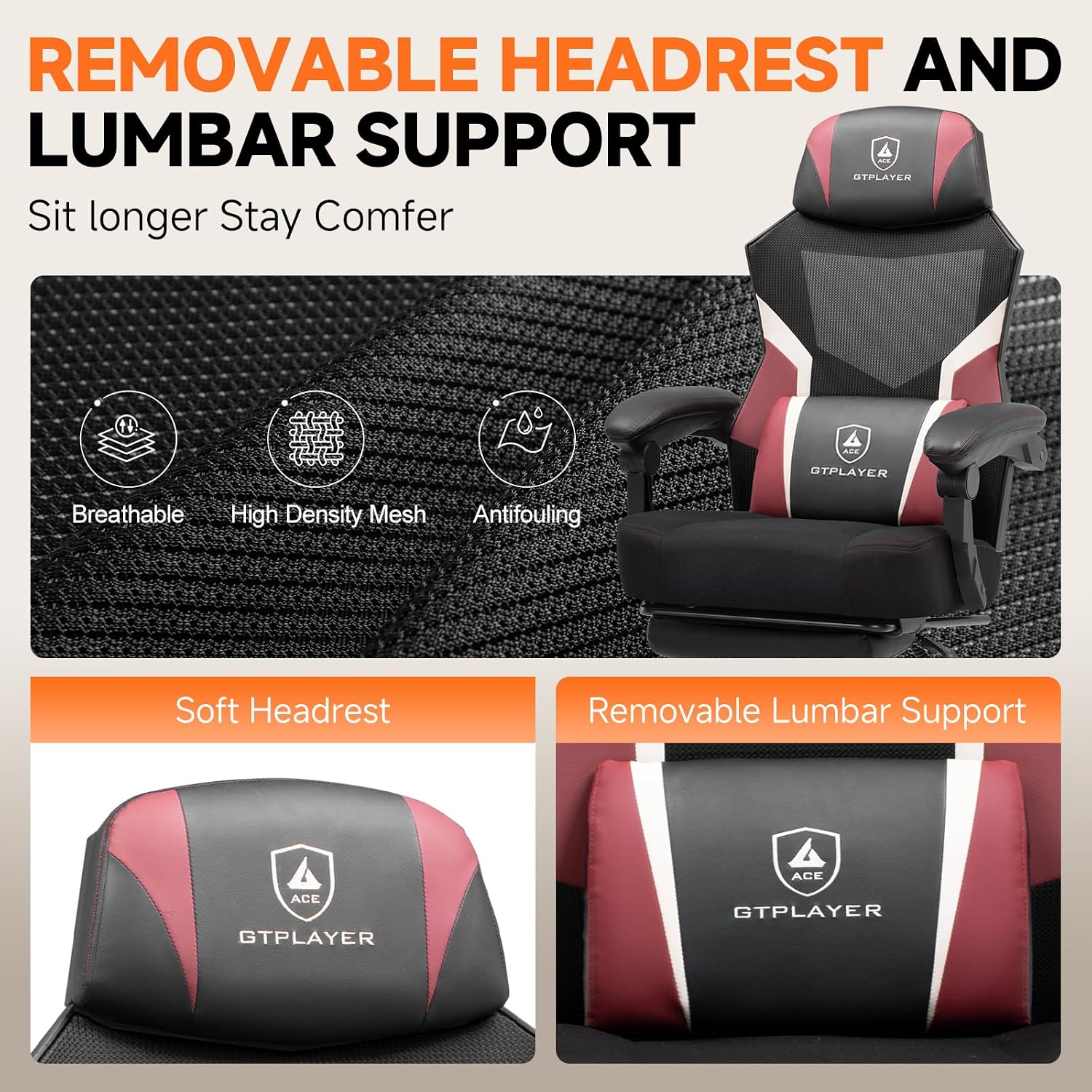 GTPLAYER Computer Chair with Adjustable Footrest, Ergonomic Gaming Chair with Headrest and Lumbar Support, Breathable Mesh Office Chair for Adults, High Back Reclining Desk Chair for Gaming and Office