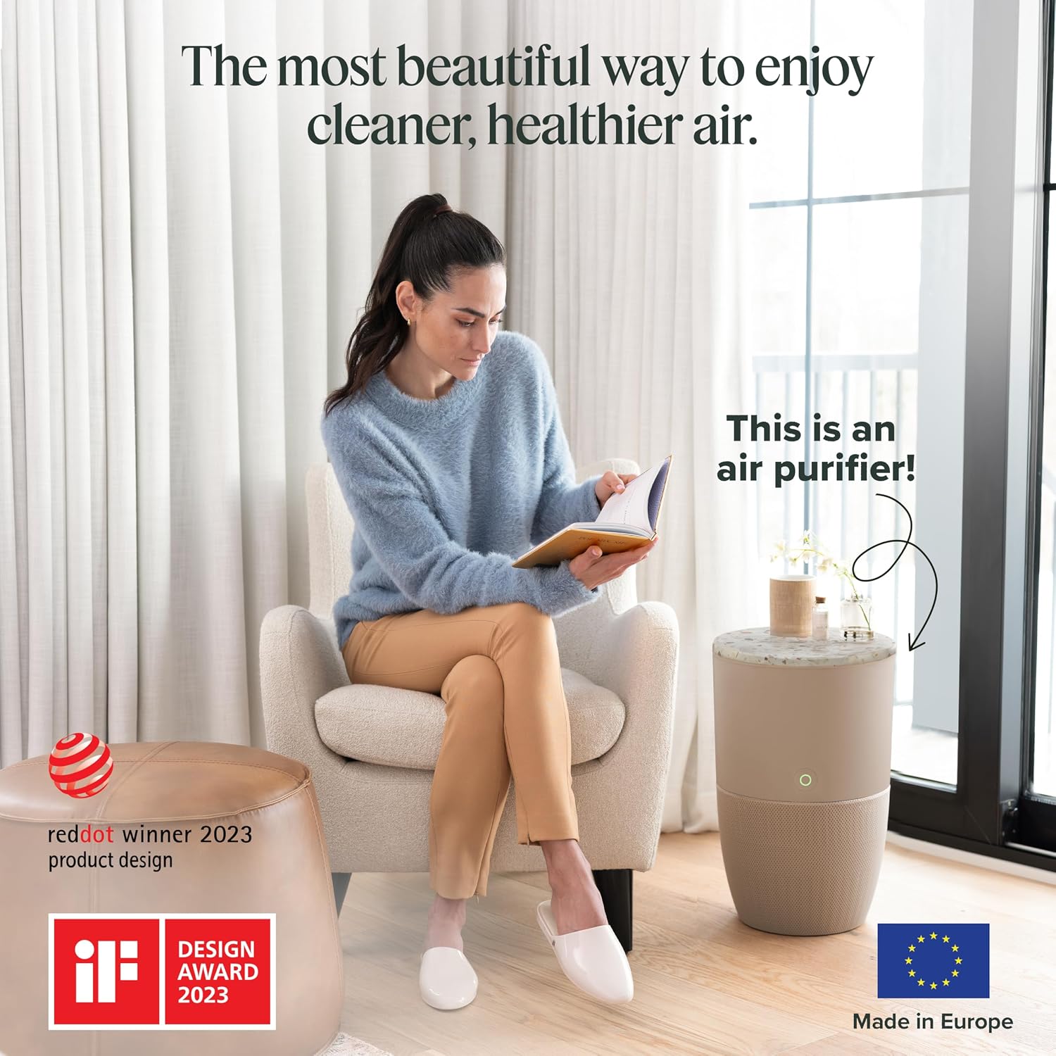 Dupray Bloom Air Purifier, HEPA-13 Filter, Ultra-Quiet 20 dB Sleep Mode, Activated Carbon for Odors, 360-Degree Airflow, Large Rooms up to 1,517 sq ft (Accent Table - Terrazzo, Latte)
