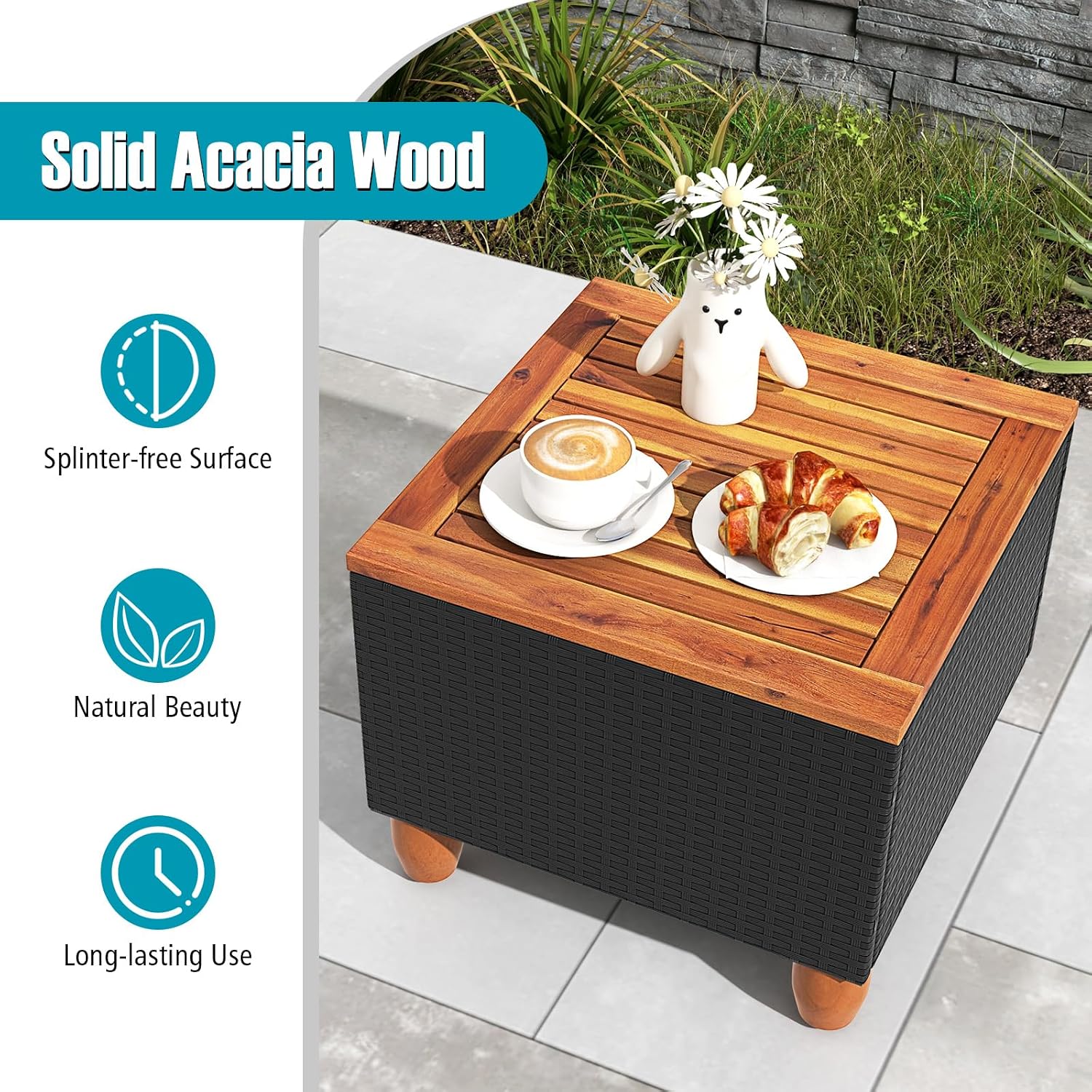 Tangkula 3 Pieces Patio Porch Furniture Set, PE Rattan Wicker Chair Conversation Set with Cushions and Storage Table, Outdoor Acacia Wood Bistro Set for Garden, Poolside (Turquoise)