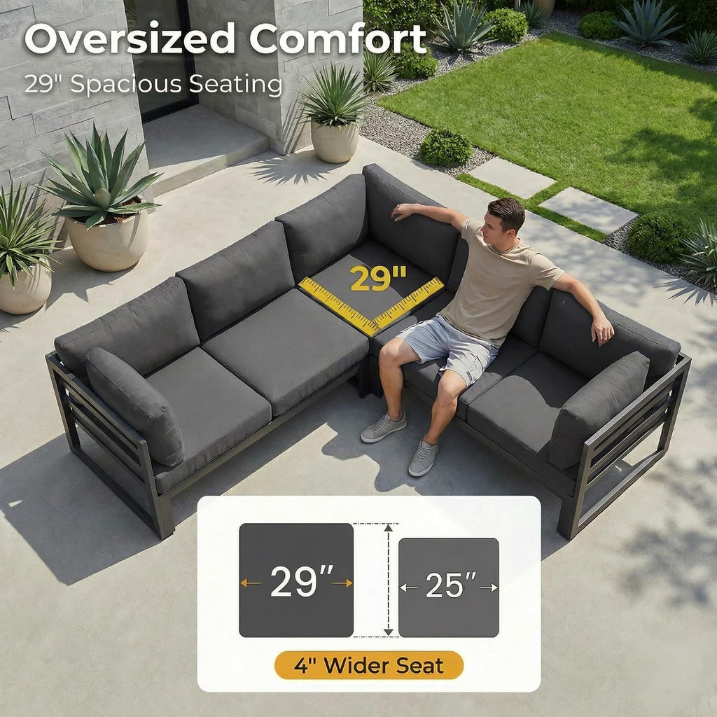 RADIATA 10 Piece Modern Aluminum Outdoor Patio Furniture Set, 29' Wide Deep Seating, Fade Water Resistant U Shaped Modular Sectional Couch, Large Comfy Conversation Set for Backyard Garden, Dark Gray