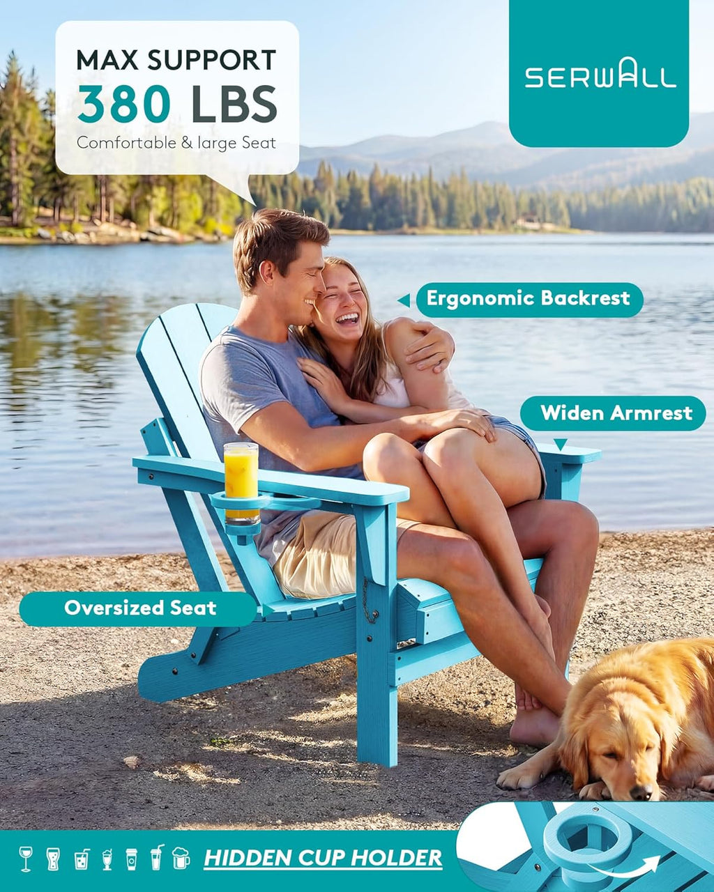 SERWALL Folding Adirondack Chair with Cup Holder Outdoor Adirondack Chairs Weather Resistant Patio Chair Fire Pit Chairs - Light Blue