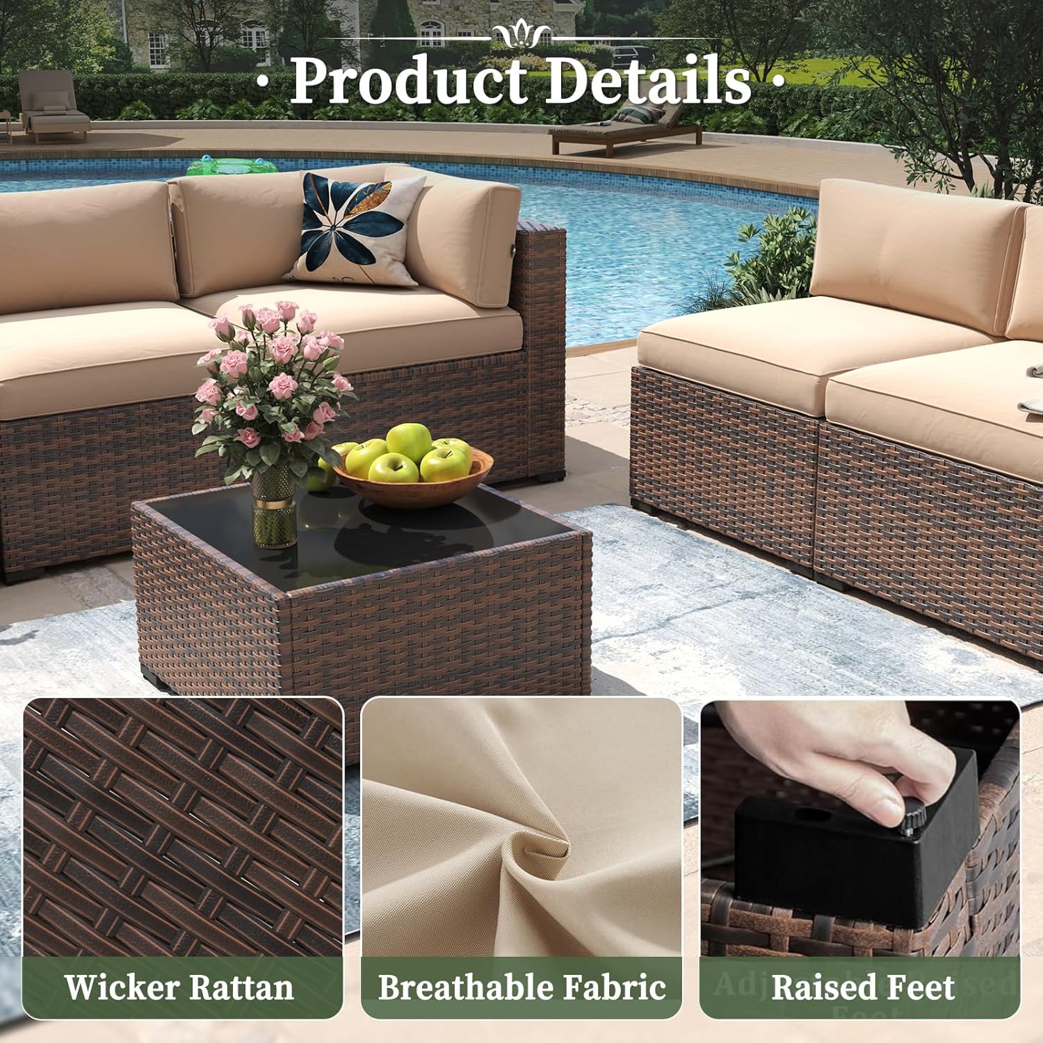 Aoxun 7 Piece Patio Furniture Set Wicker Rattan Patio Conversation Set Outdoor Sectional Sofa Set with Coffee Table and Thickened Cushions, Beige (Waterproof Cover Included)