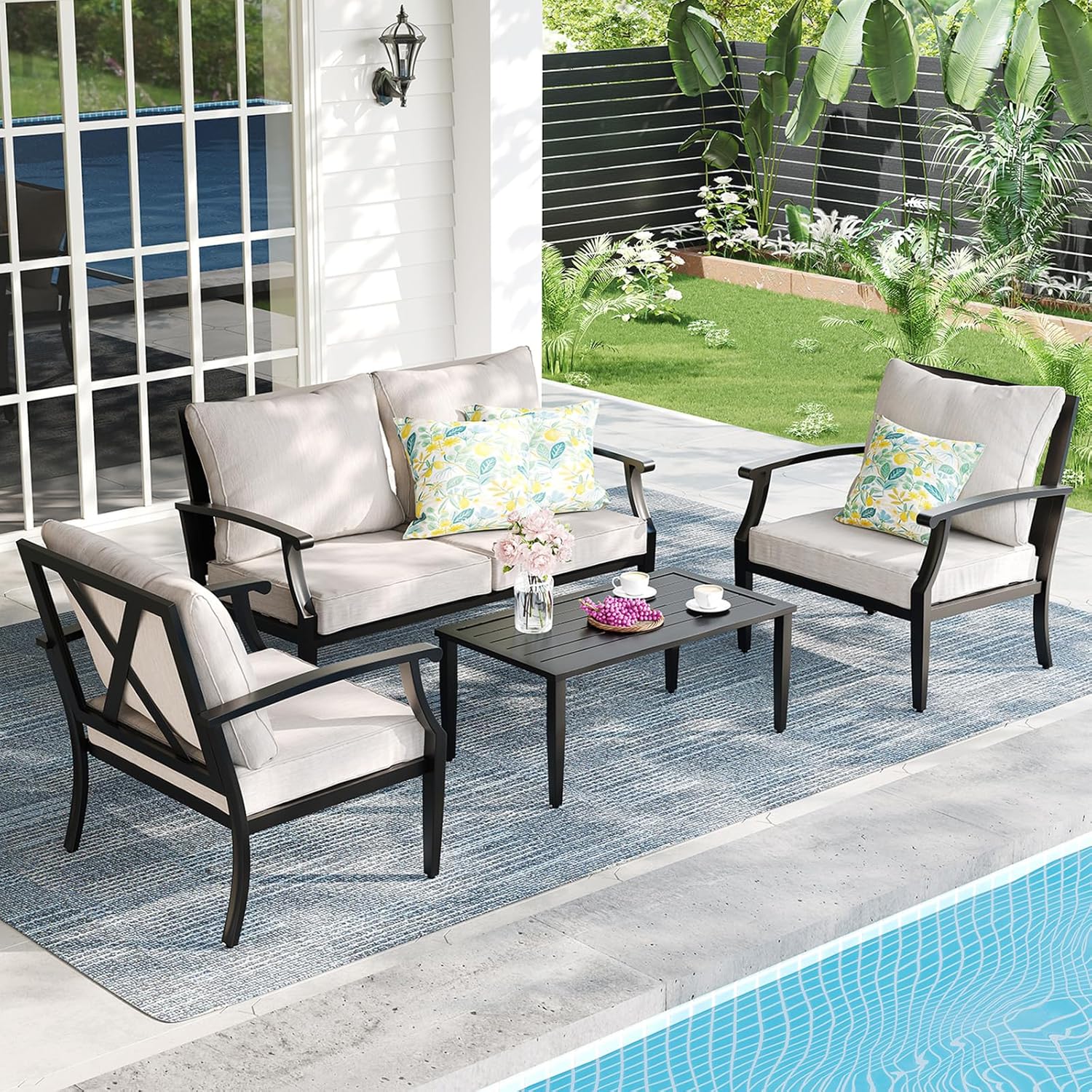 4-Piece Patio Furniture Set, Wider Outdoor Metal Seating Sofa with High Back & Loveseat, Coffee Table, All Weather Metal Conversation Set for Backyard, Poolside, Deck-Beige