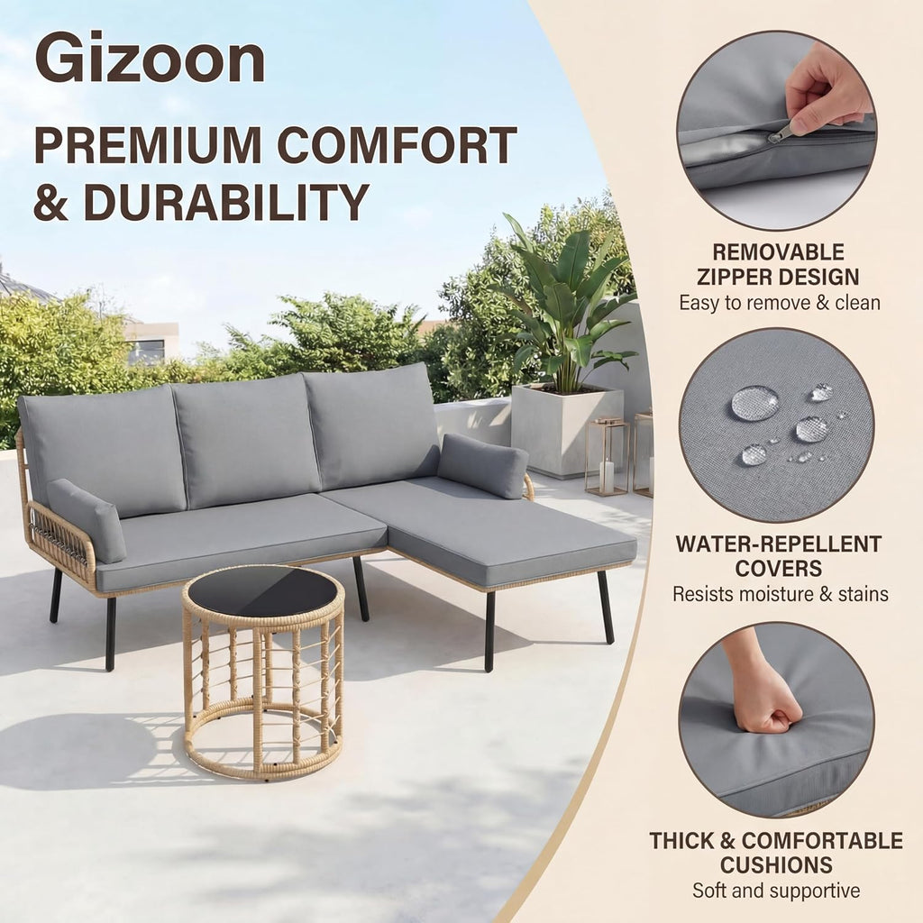 Gizoon 3-Piece Outdoor Patio Furniture Set, All-Weather PE Wicker L-Shaped Conversation Sofa with Thick Cushions & Glass Table, for Backyard, Porch, Balcony, Poolside (Grey)