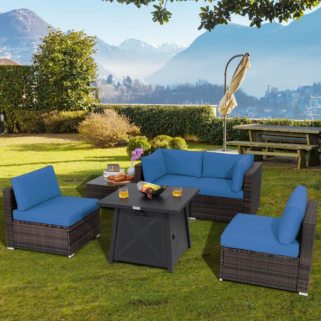Tangkula 6-Piece Patio Furniture Set with 30' Propane Fire Pit Table, Outdoor PE Wicker Conversation Set with Cushions and Tempered Glass Coffee Table, Gas Fire Pit Table with 50,000 BTU (Navy)