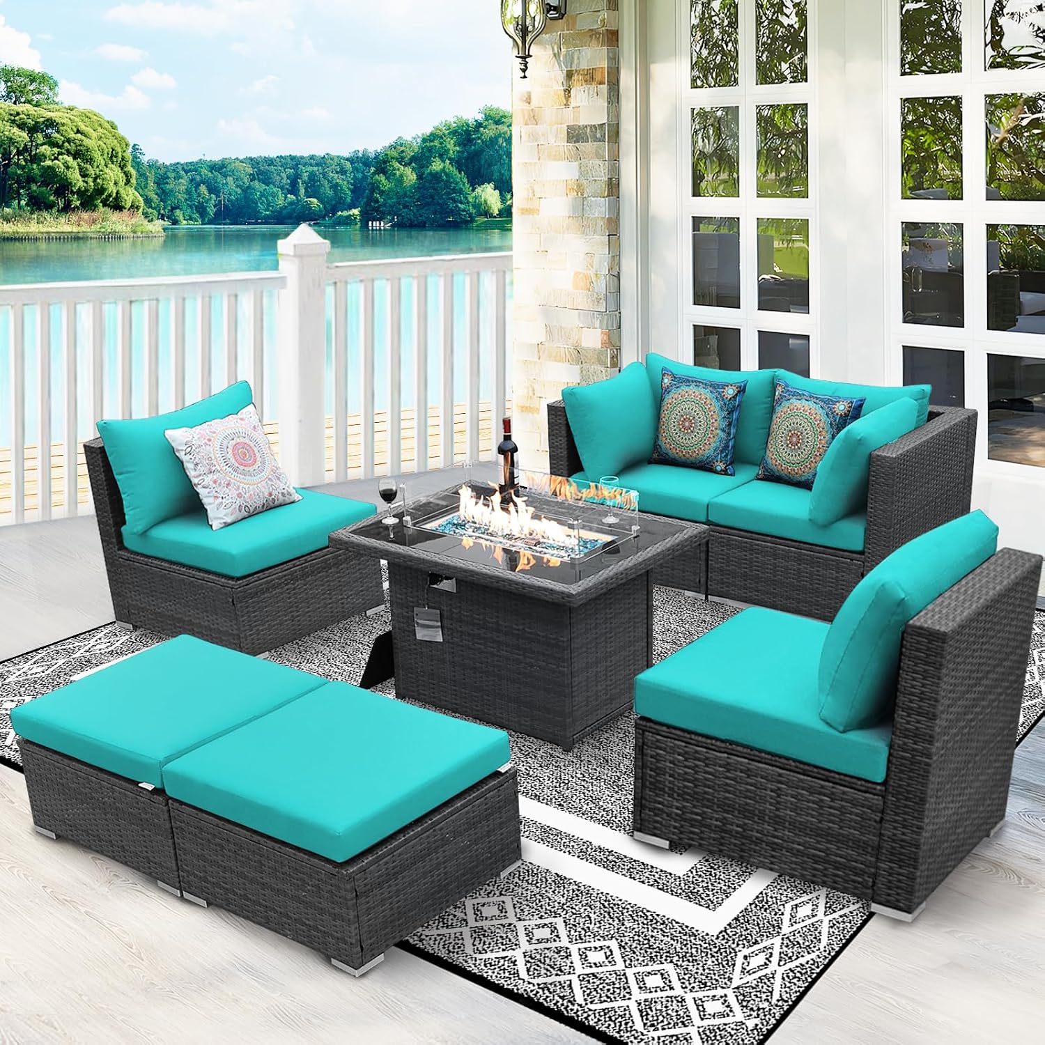 BULEXYARD 7 Piece High Back Outdoor Sectional Set with Fire Pit Table, Wicker Patio Furniture Set Weather-Resistant, Modular 6-Person Couch Sofa Comfortable Wide Deep Seats for Backyard, Grey & Teal