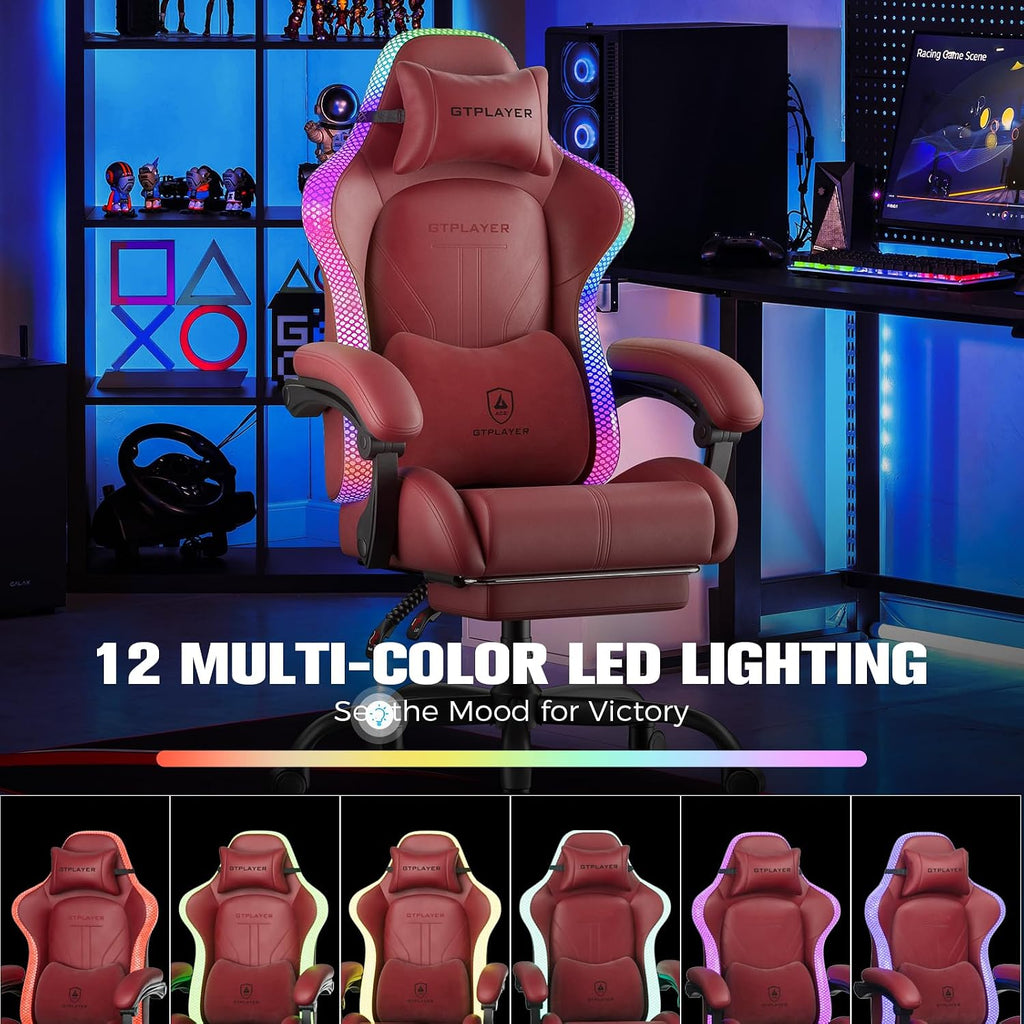 GTPLAYER Gaming Chair, Computer Chair with RGB LED Lights, High Back Ergonomic Chair for Adults with Footrest, Reclining Office Chairs, Linkage Armrest, Wine Red