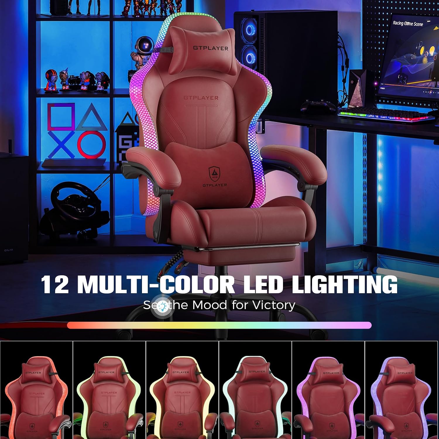 GTPLAYER Gaming Chair, Computer Chair with RGB LED Lights, High Back Ergonomic Chair for Adults with Footrest, Reclining Office Chairs, Linkage Armrest, Wine Red