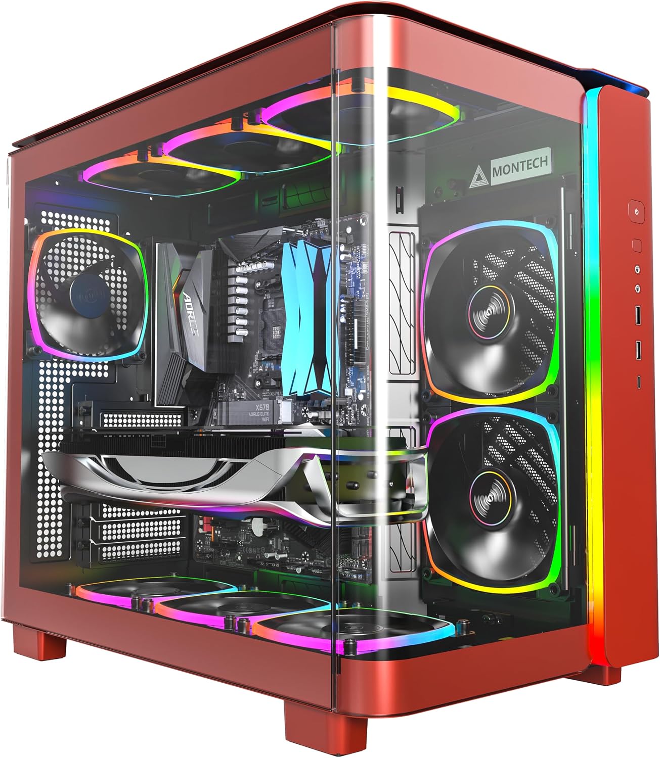 Montech, King 95 Dual-Chamber ATX Mid-Tower PC Gaming Case, High-Airflow, Toolless Panels, Sturdy Curved Tempered Glass Front and Side Panel, ARGB Lighting, Red