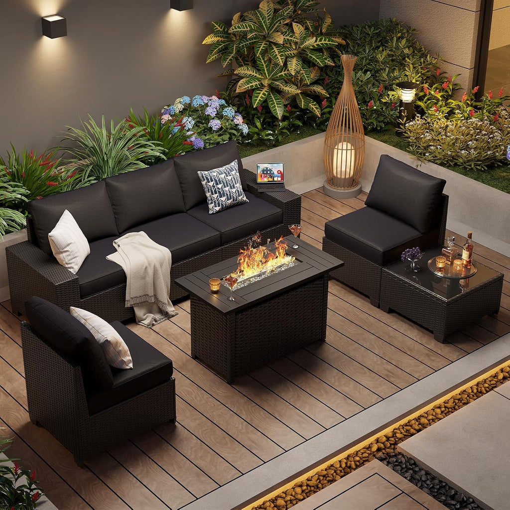 Aoxun Patio Furniture Set with 44'' Fire Pit Table, 7 Pcs Outdoor Patio Furniture Sets with 4in Thicken Cushion, Widen Armrests Wicker Outdoor Sectional for Backyard