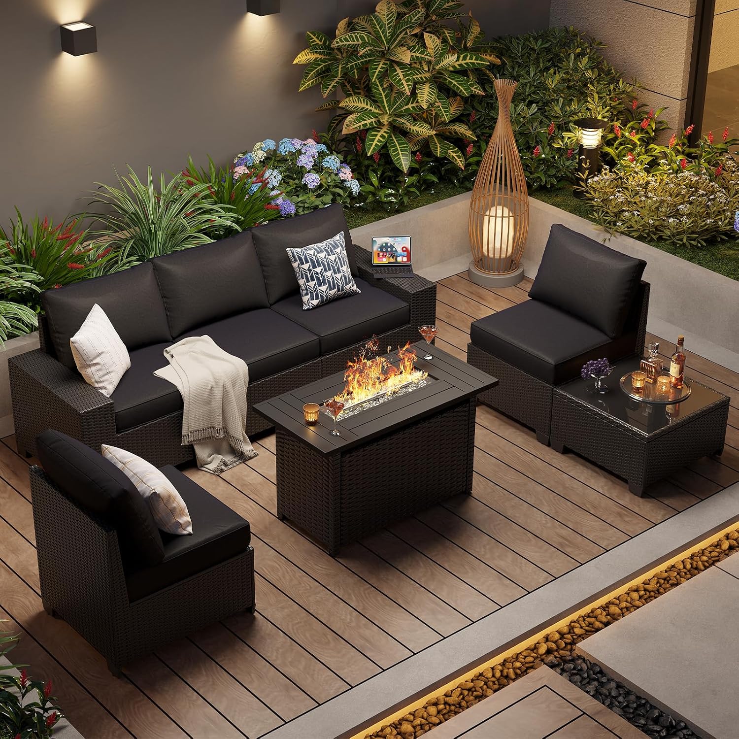 Aoxun Patio Furniture Set with 44'' Fire Pit Table, 7 Pcs Outdoor Patio Furniture Sets with 4in Thicken Cushion, Widen Armrests Wicker Outdoor Sectional for Backyard