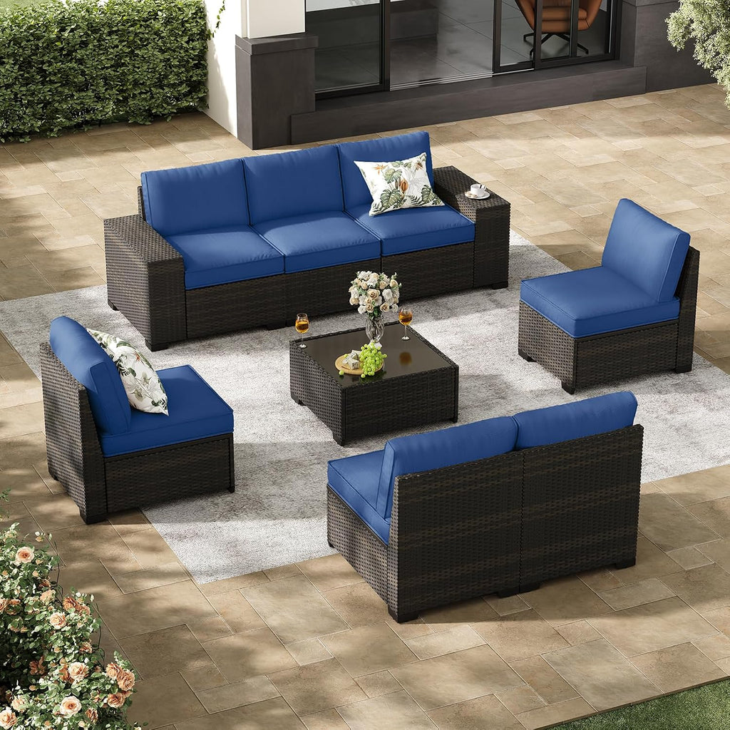 Jing's Villa 8-Piece Patio Furniture Set, All-Weather Outdoor Wicker Sectional Sofa with Cushions, Glass Table & Left and Right Armrest, Rattan Conversation Seating for Porch, Garden, Backyard,Navy