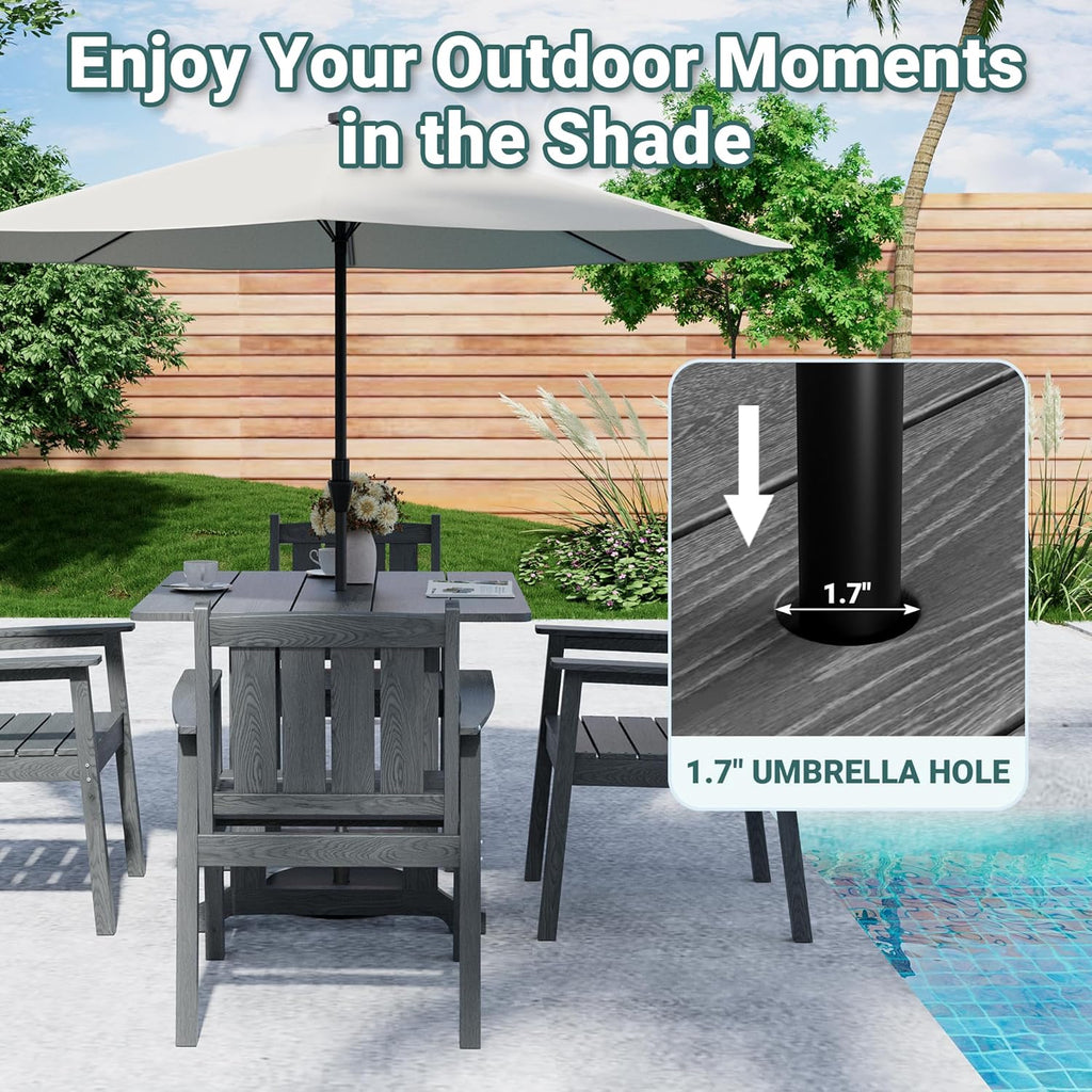 Pamapic 5 PCS Outdoor Dining Set, Spacious HDPE Outdoor Table and Chairs, Wood Grain Patio Furniture Sets with Elegant Armrest, All-Weather Patio Dining Table with Umbrella Hole, Gray