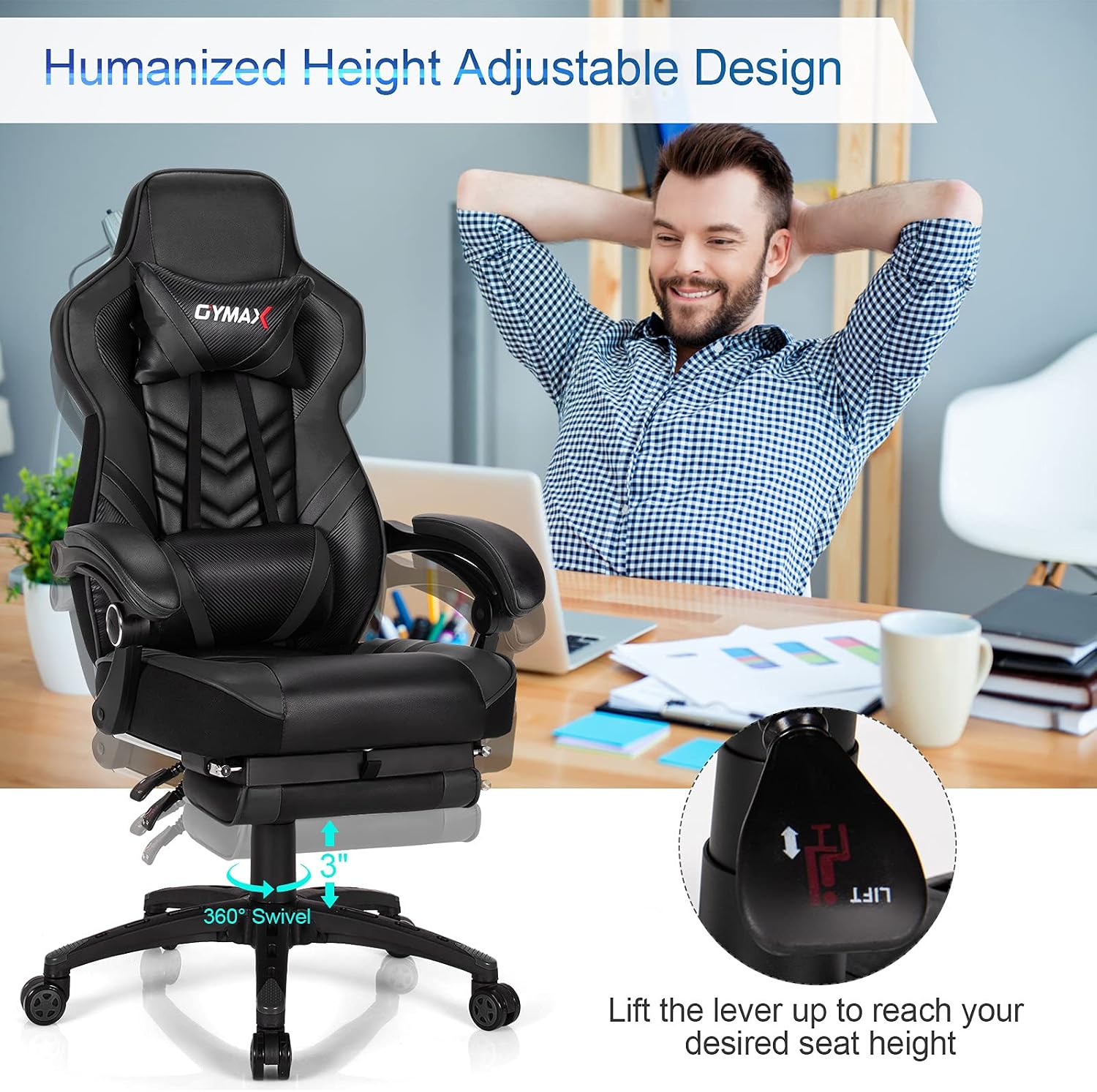 GYMAX Gaming Chair, Ergonomic Computer Chair with Footrest, Linkage Armrests & Lumbar Cushion, Big Wide High Back Video Gaming Chair, Reclining Office Rolling Chair for Adult/Teens (Black)