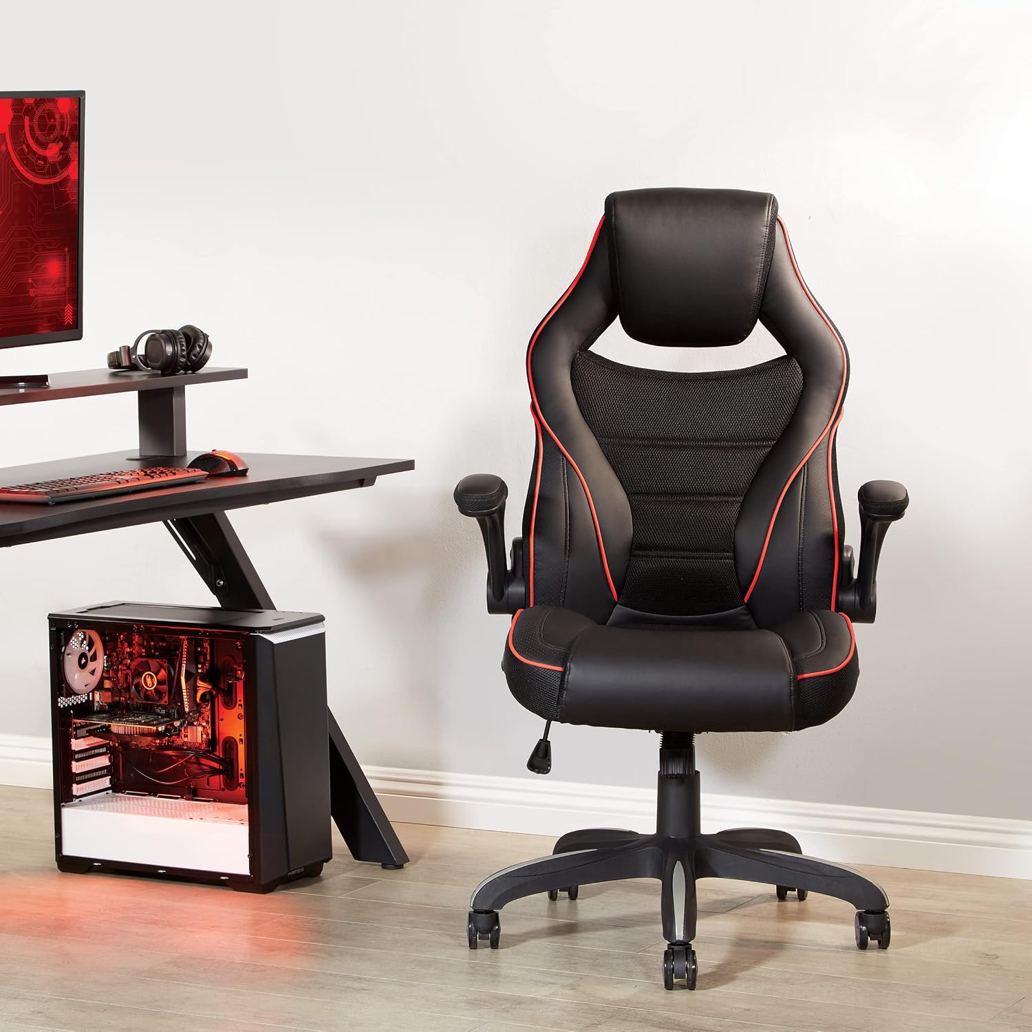 OSP Home Furnishings Xeno Ergonomic Adjustable Faux Leather Gaming Chair with Integrated Headrest and Airflow Cooling Material, Black with Red Accents