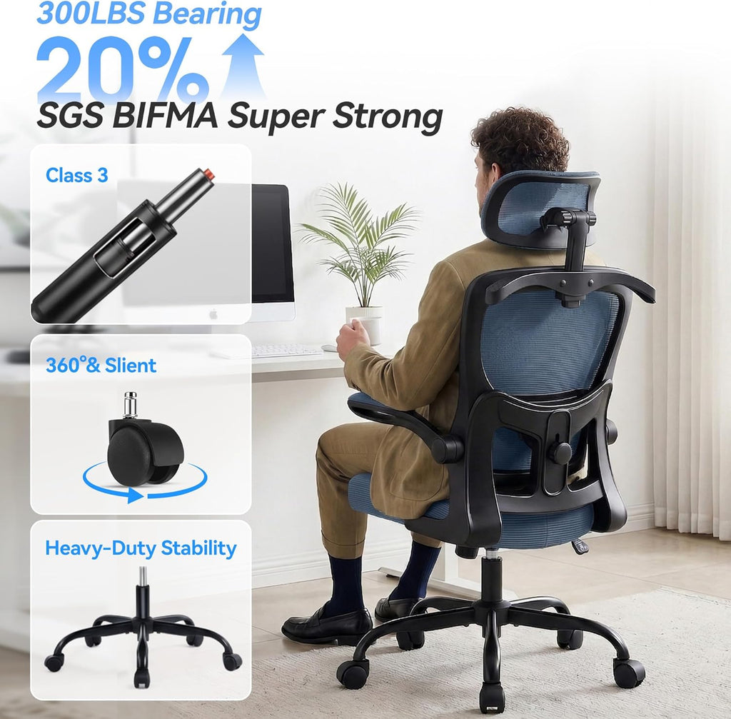 AreShark Office Chair Ergonomic Desk Chairs with Adjustable Lumbar Support& Headrest Hanger, High Back Breathable Mesh Chair with Wheels, Rolling Swivel Comfy Task Computer Chair for Home Work Gaming