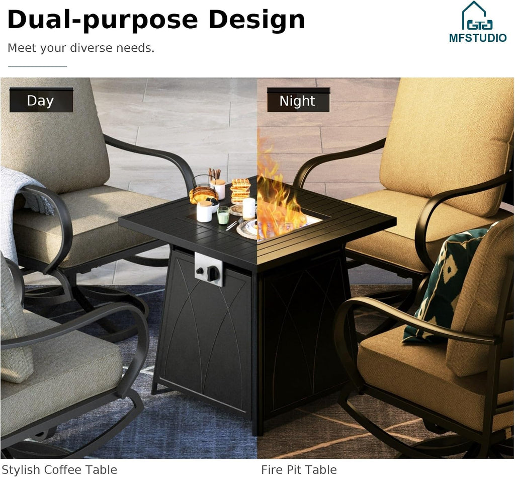 MFSTUDIO 5 Pieces Patio Conversation Sets, Outdoor Metal Furniture Sofas with 1 x 28 50,000 BTU Square Propane Fire Table and 4 x Wrought Iron Frame Sofa Chairs with Beige Cushion