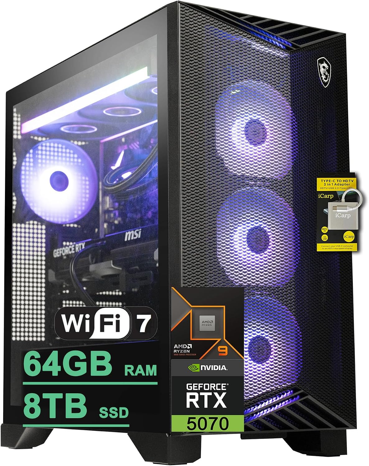msi Aegis ZS2 Gaming Desktop AMD 12-core Zen 5 Ryzen 9 9900X (>i9-14900HX) 64GB DDR5 8TB SSD GeForce RTX 5070 DLSS 4 360mm Liquid Cooler 750W 80+ Gold PSU Support HDD Win11 ICP Hub