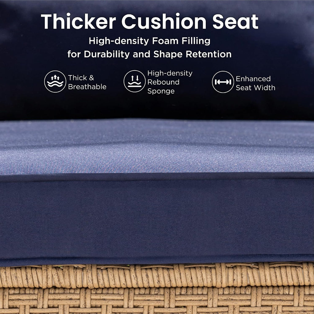 PHI VILLA Wicker Patio Furniture Set, Outdoor Sectional Couch with Cushions and Acacia Wood Coffee Table, U-Shaped Patio Conversation Set for Deck or Porch, 6 Seats, Navy Blue