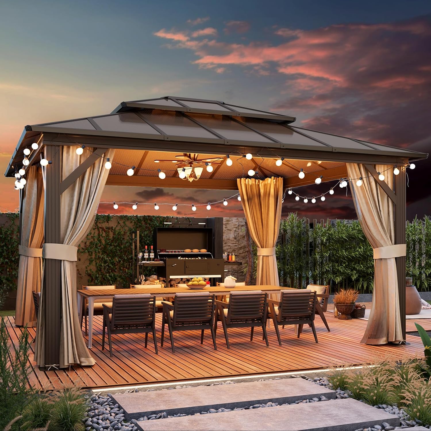 YOLENY 12'x14' Hardtop Gazebo, Aluminum Frame Outdoor Gazebos with Polycarbonate Vertical Stripe Double Canopy, Includeds Netting and Curtains for Patios, Decks, Backyards, Lawns and Garden