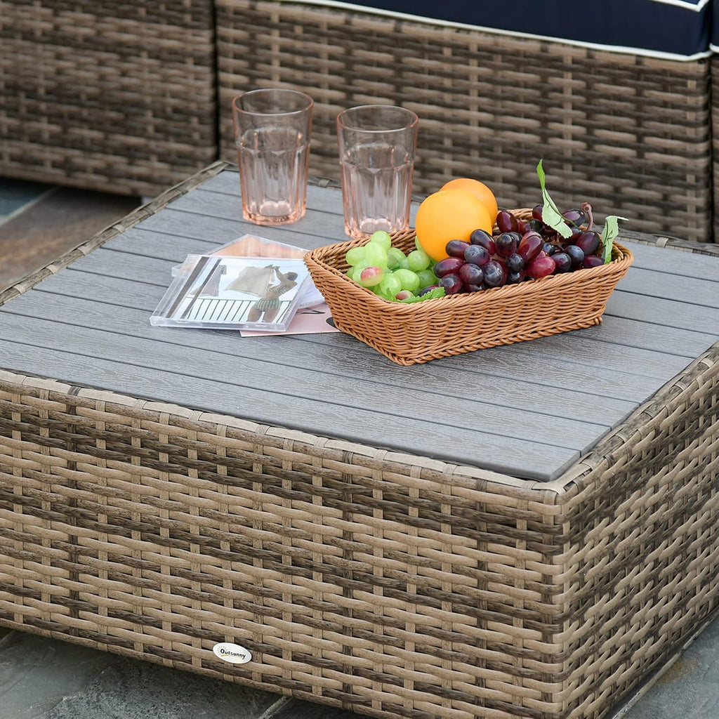 Outsunny 7 Piece Patio Furniture Set, Wicker Outdoor Sectional Sofa Set, All Weather PE Rattan Outdoor Furniture Conversation Sets with Cushions, Faux Wood Coffee Table, Striped Pillows, Blue