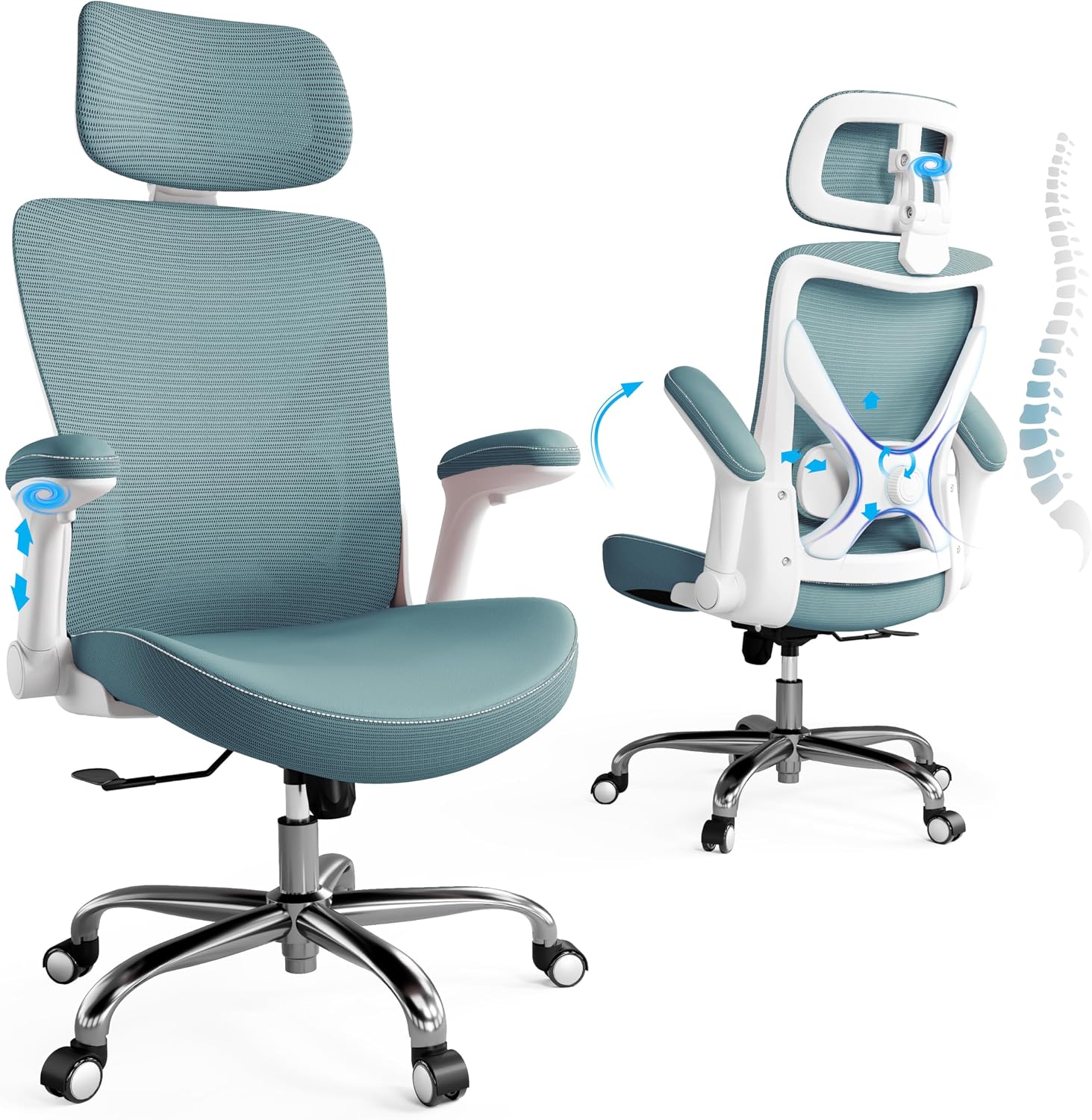 Ergalithic Office Home Ergonomic Desk Chair-Computer X-Shaped Chair Mesh PU Leather with Adjustable Lumbar Support-Executive Chair High Back with Headrest Flip-Up Arms for Long Hours (Sky Blue)