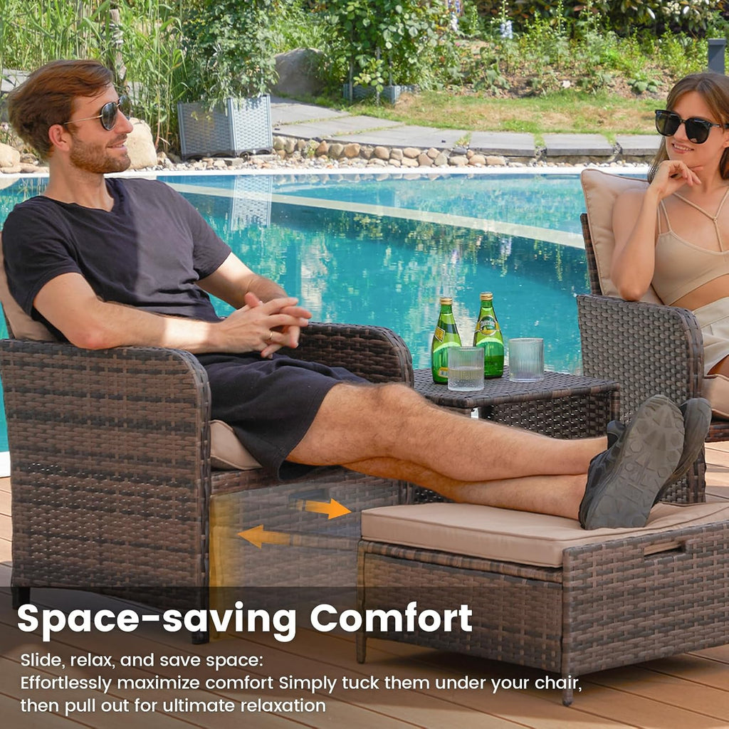 UDPATIO Balcony Furniture Outdoor Patio Chair with Ottoman for Small Space, 5 Piece Wicker Patio Furniture Set with Side Table, Khaki