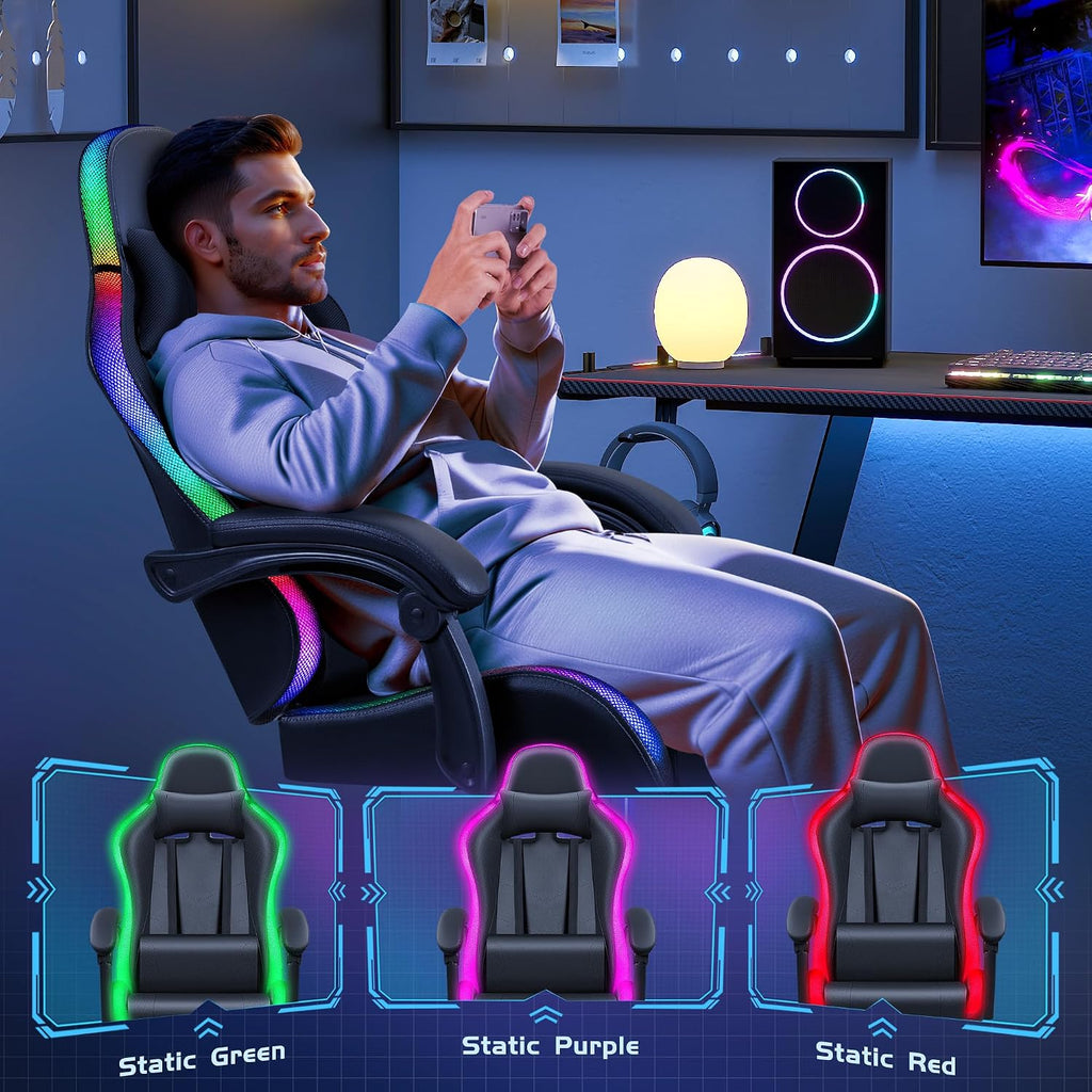 Furmax Gaming Chair with RGB LED Lights, Video Game Chair with Footrest and Massage Lumbar Support, High Back Reclining Computer Chair with Headrest, Swivel Seat Gamer Chair (LED Black)