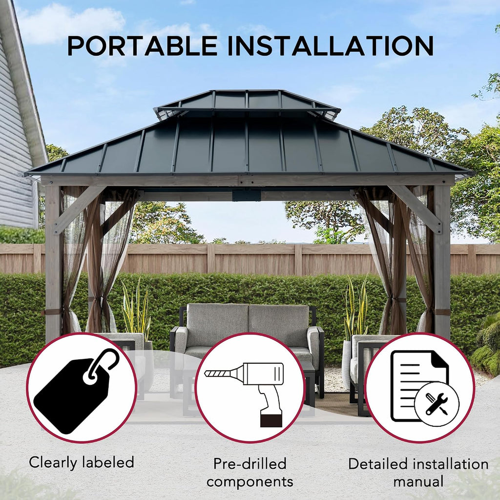 SUNJOY 10x12 Hardtop Wood Gazebo with Galvanized Steel Roof, LED String Lights & Mosquito Netting, Outdoor Permanent Pavilion Cedar Gazebo for Backyard, Garden, Patio, Deck, Lawn - Matte Black Roof