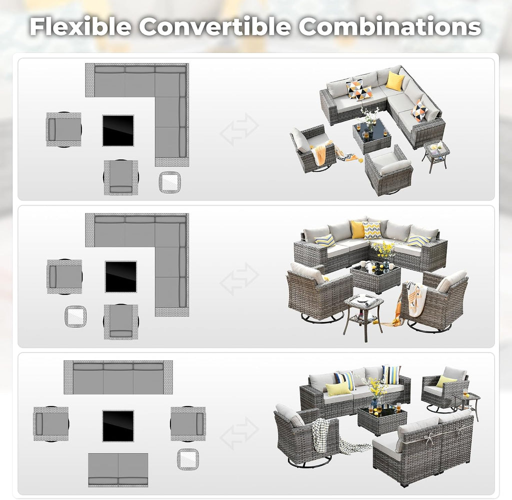 ovios 9 Pieces Patio Furniture Set, Outdoor Wicker Sectional Sofa with 2 Swivel Chairs Coffee Table, Modern Modular Deep Seat Rattan Couch Conversation Sets, Beige
