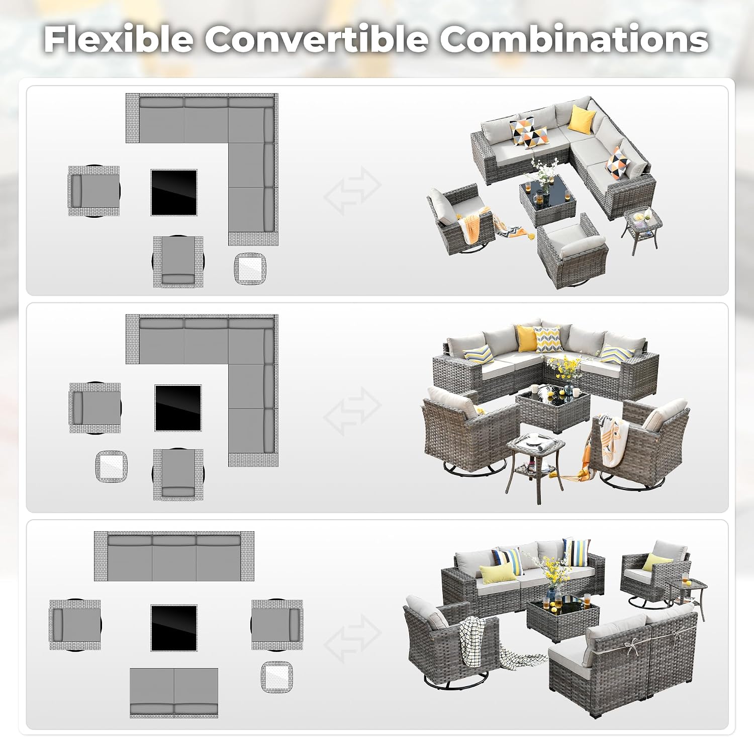 ovios 9 Pieces Patio Furniture Set, Outdoor Wicker Sectional Sofa with 2 Swivel Chairs Coffee Table, Modern Modular Deep Seat Rattan Couch Conversation Sets, Beige