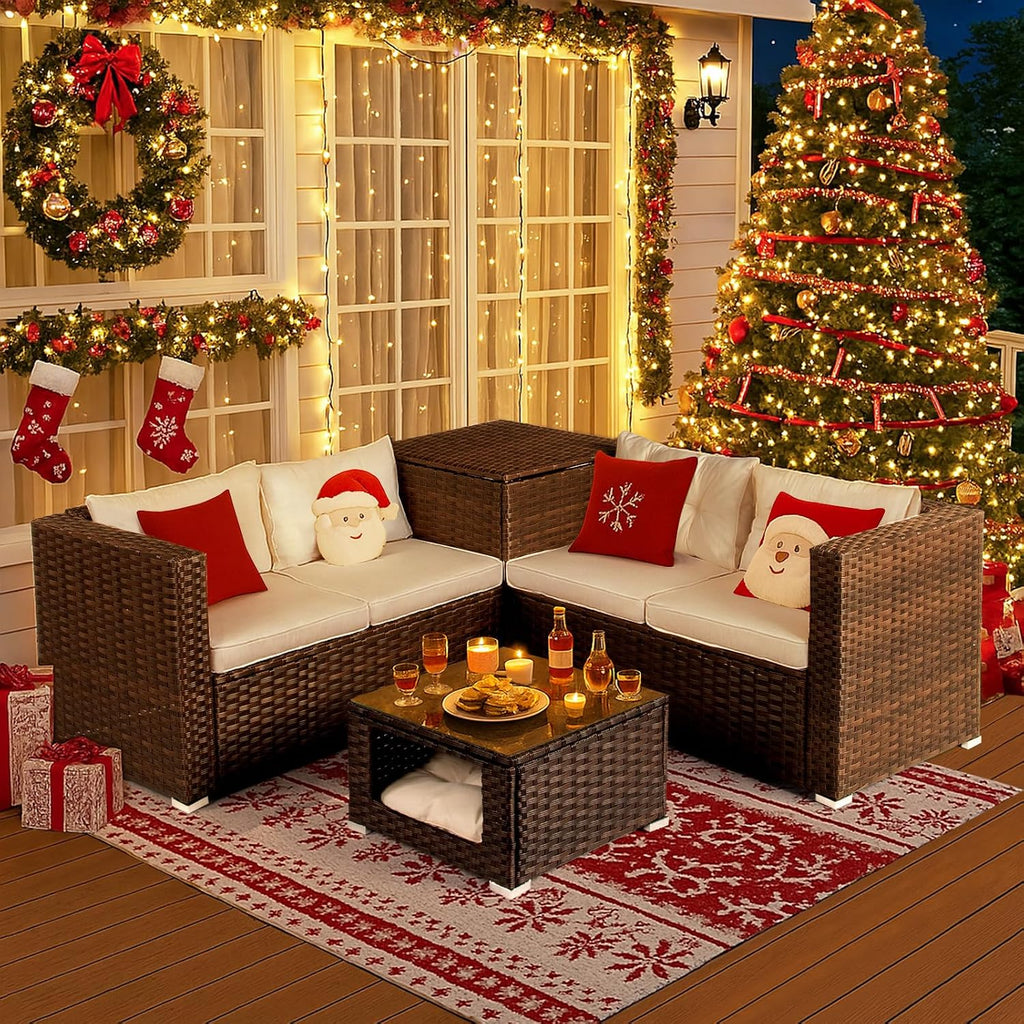 Outvita 4 Piece Outdoor Patio Furniture Set, PE Rattan Conversation Sofa Set, Wicker All-Weather Outside Furniture w/Glass Top Coffee Table with Pet Ped & Hidden Storage for Garden, Balcony (Brown)