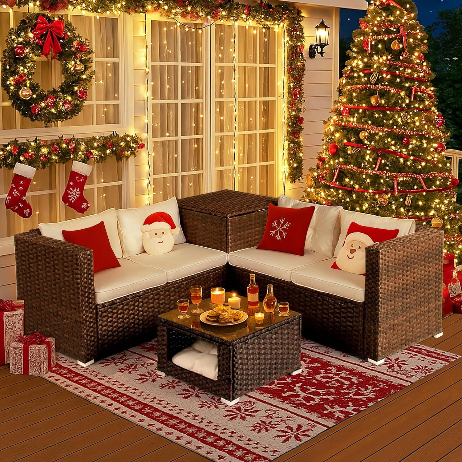 Outvita 4 Piece Outdoor Patio Furniture Set, PE Rattan Conversation Sofa Set, Wicker All-Weather Outside Furniture w/Glass Top Coffee Table with Pet Ped & Hidden Storage for Garden, Balcony (Brown)