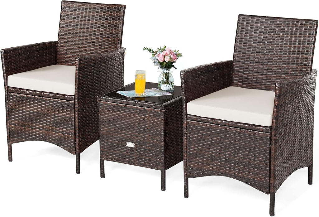 Tangkula 3-Piece Patio Conversation Set, Wicker Chairs with Glass Top Square Coffee Table & Cushions, All-Weather Outdoor Rattan Furniture Set for Garden Backyard Balcony Poolside (White)
