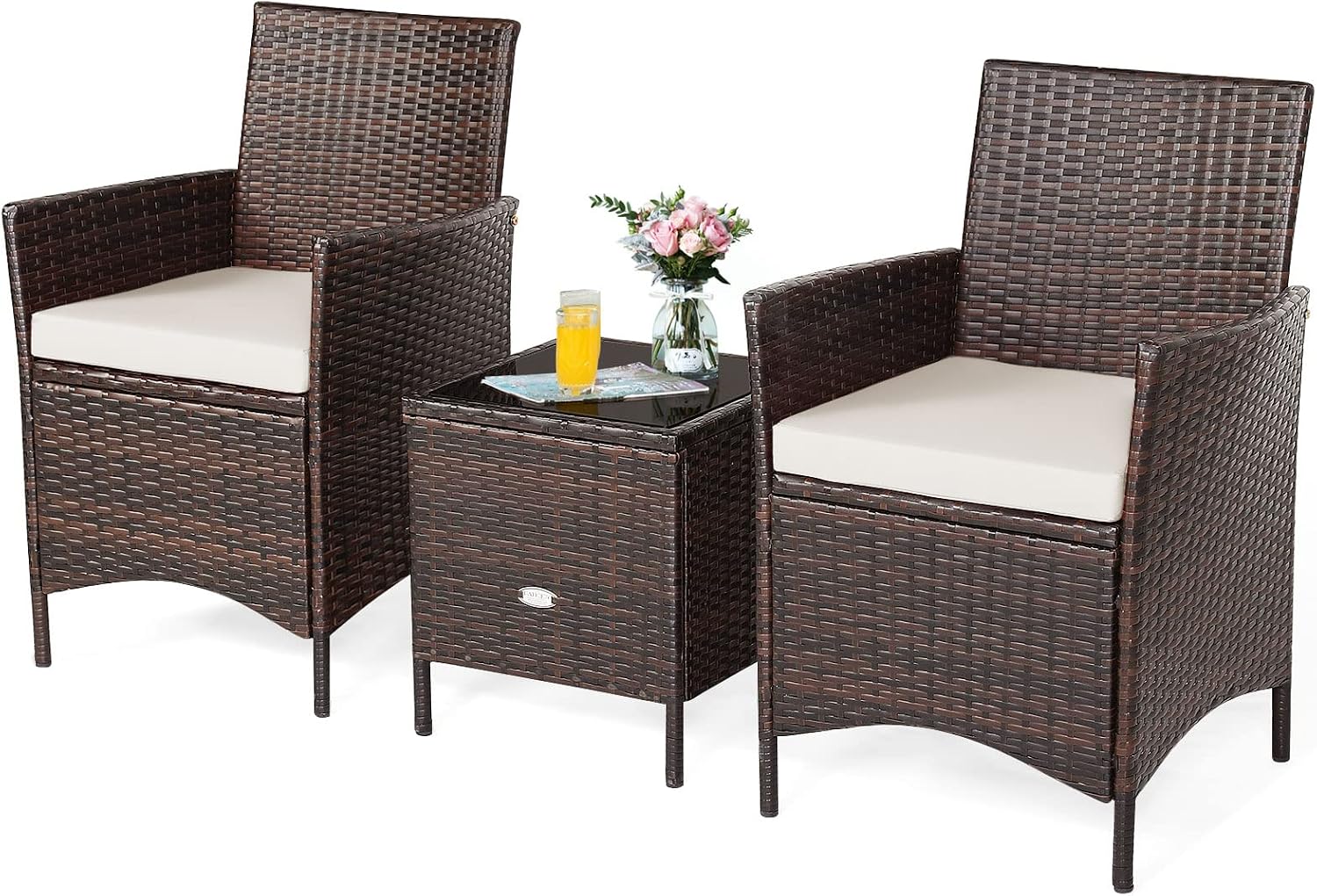 Tangkula 3-Piece Patio Conversation Set, Wicker Chairs with Glass Top Square Coffee Table & Cushions, All-Weather Outdoor Rattan Furniture Set for Garden Backyard Balcony Poolside (White)