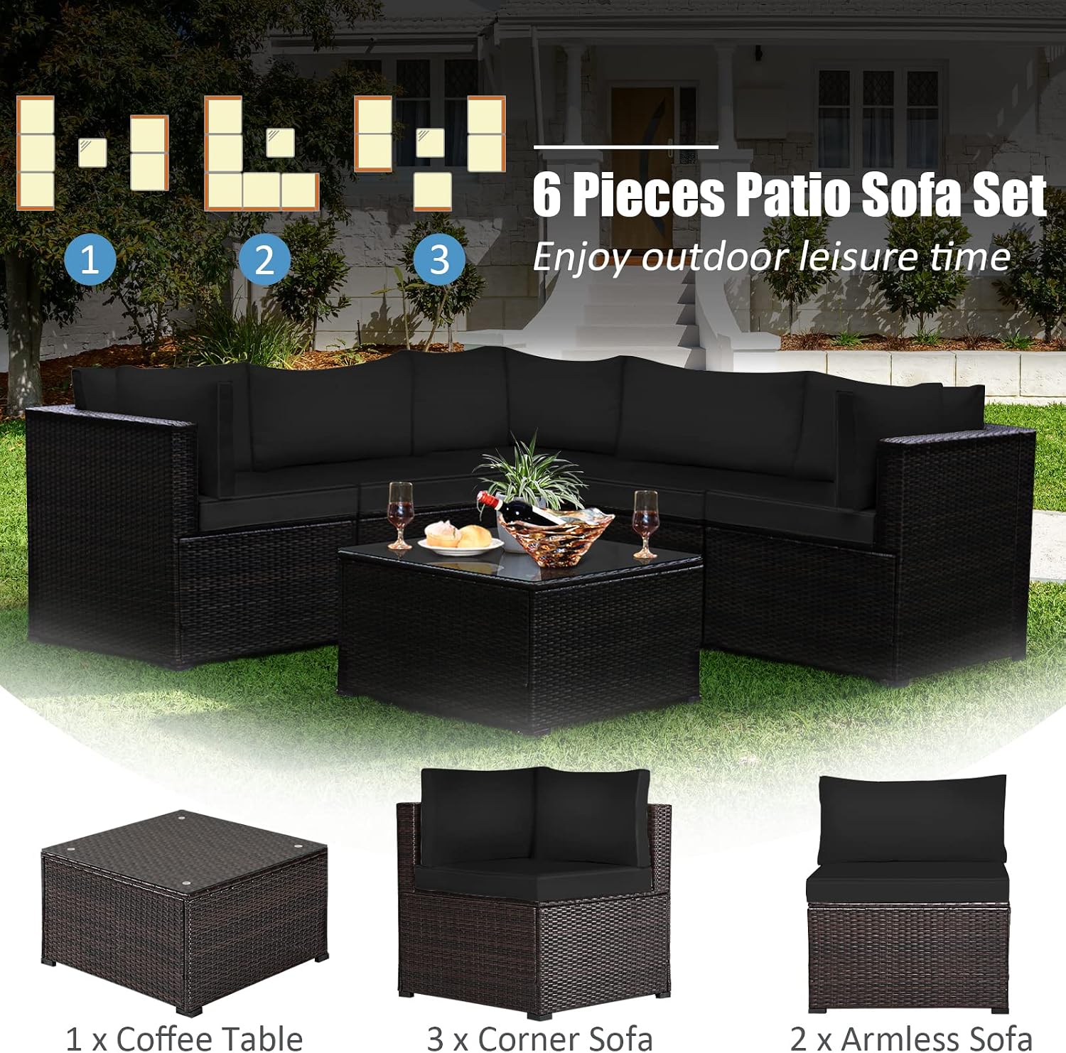 Tangkula 6 Pieces Patio Furniture Set, Outdoor Rattan Sofa Set, Wicker Conversation Set w/Tempered Glass Coffee Table & Cushions, Sectional Sofa Set for Backyard, Garden, Balcony, Poolside (Black)