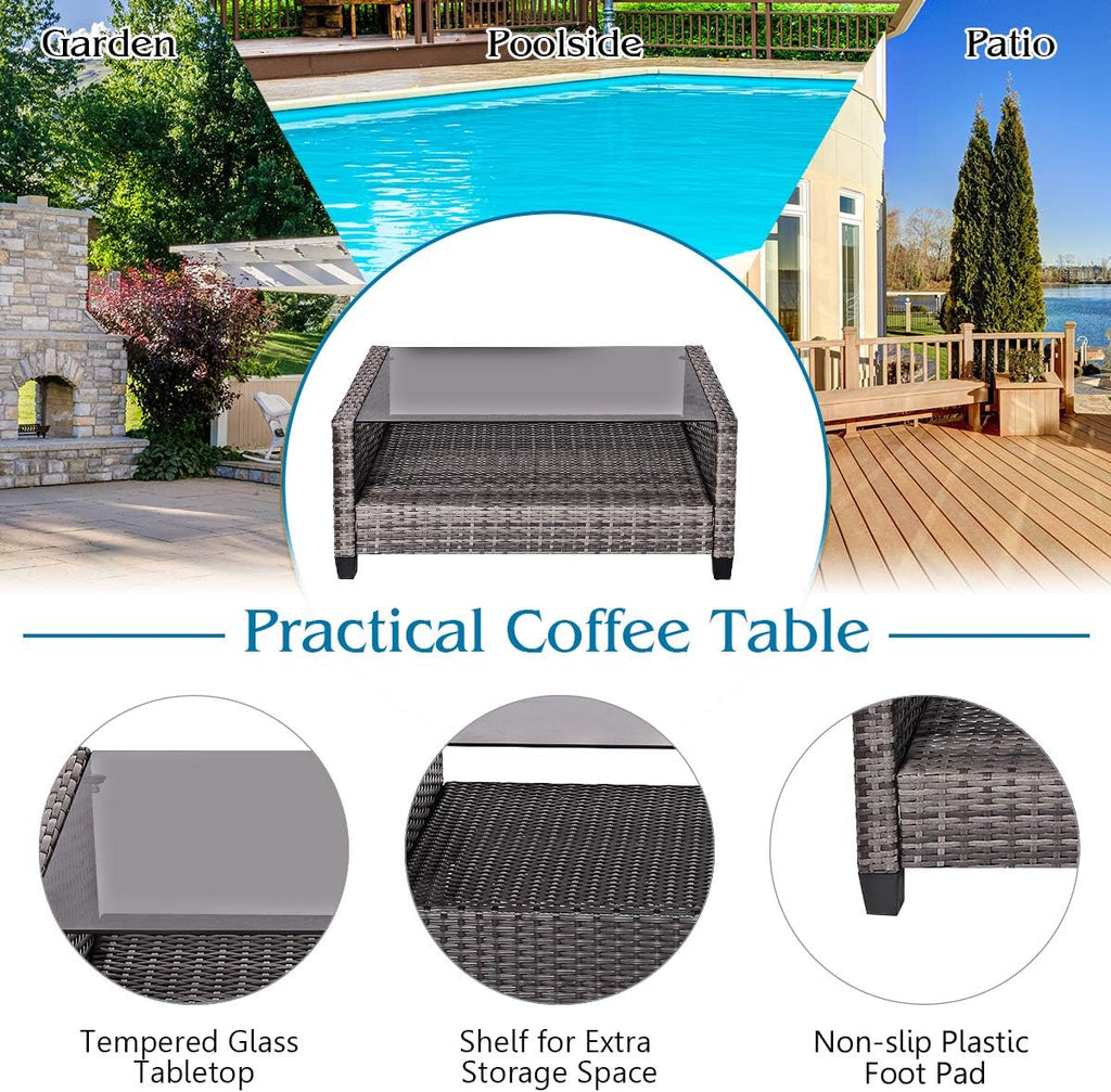Tangkula 4 PCS Patio Wicker Conversation Furniture Set, Outdoor Rattan Sofa Set with Padded Cushion & Tempered Glass Coffee Table, Wicker Sectional Sofas & Table for Courtyard Balcony Garden (1, Grey)