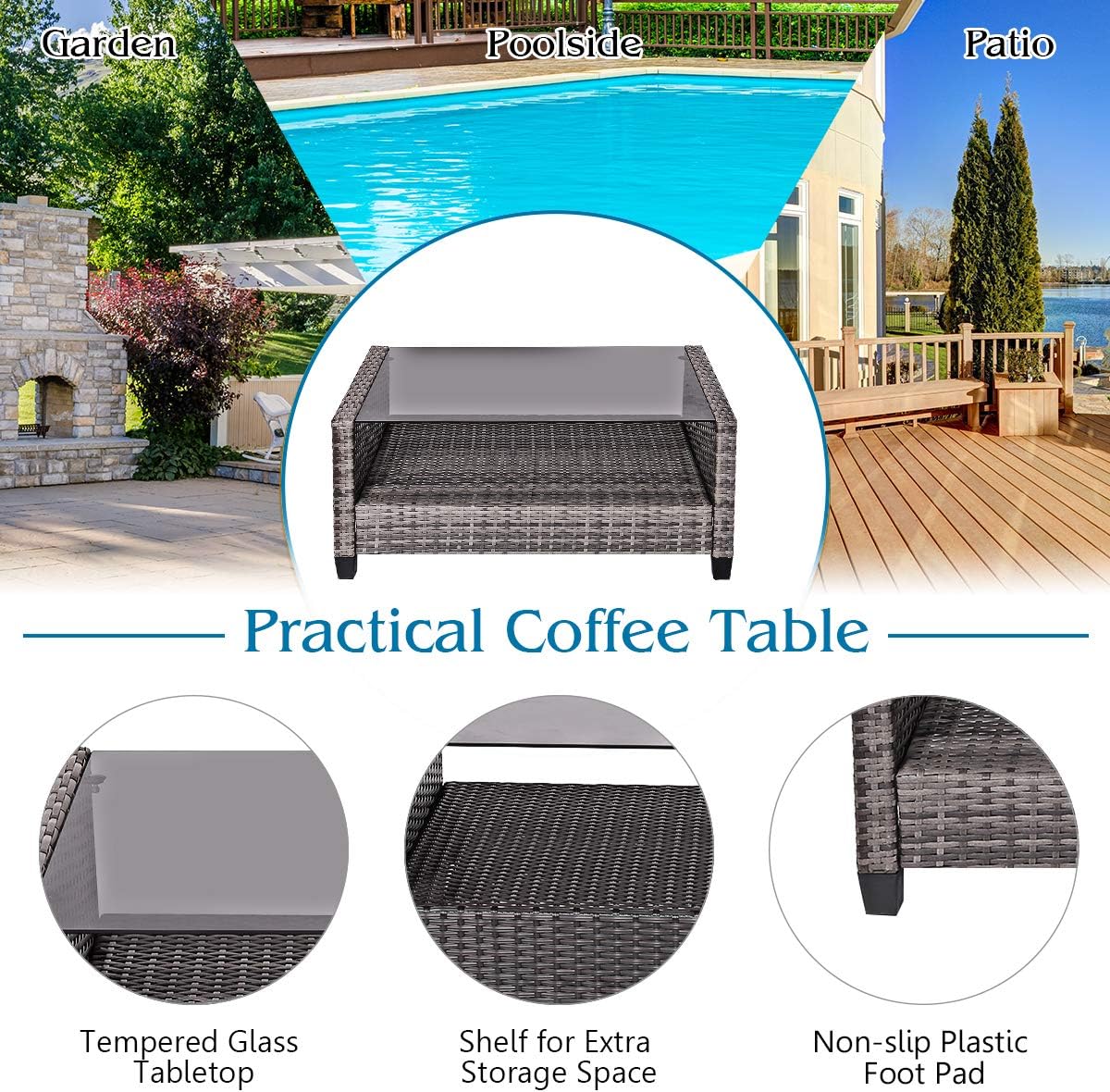Tangkula 4 PCS Patio Wicker Conversation Furniture Set, Outdoor Rattan Sofa Set with Padded Cushion & Tempered Glass Coffee Table, Wicker Sectional Sofas & Table for Courtyard Balcony Garden (1, Grey)