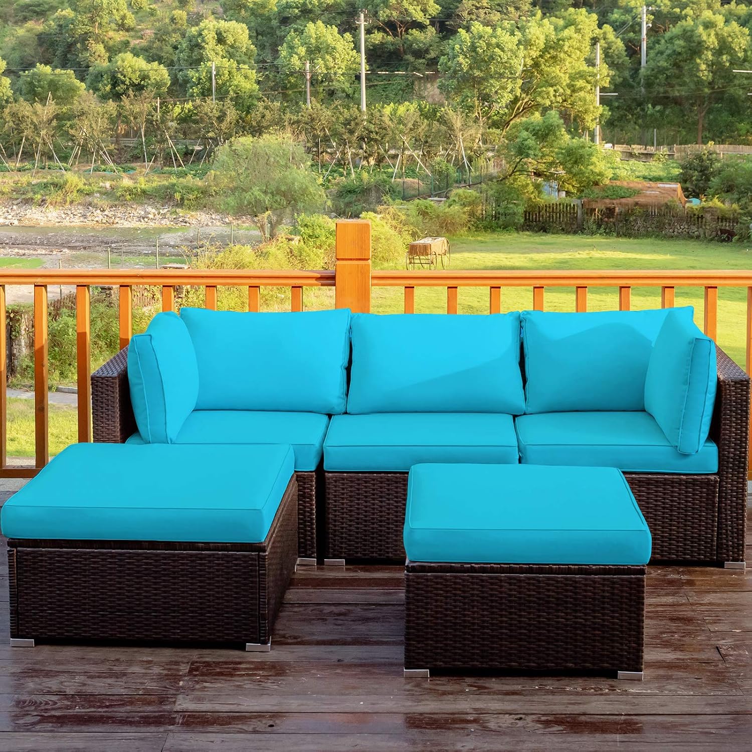 Tangkula 5 Piece Patio Furniture Set, Outdoor Sectional Rattan Sofa Set with Cushions and Coffee Table, Suitable for Backyard Porch Garden Poolside and Deck, Wicker Conversation Set (Turquoise)