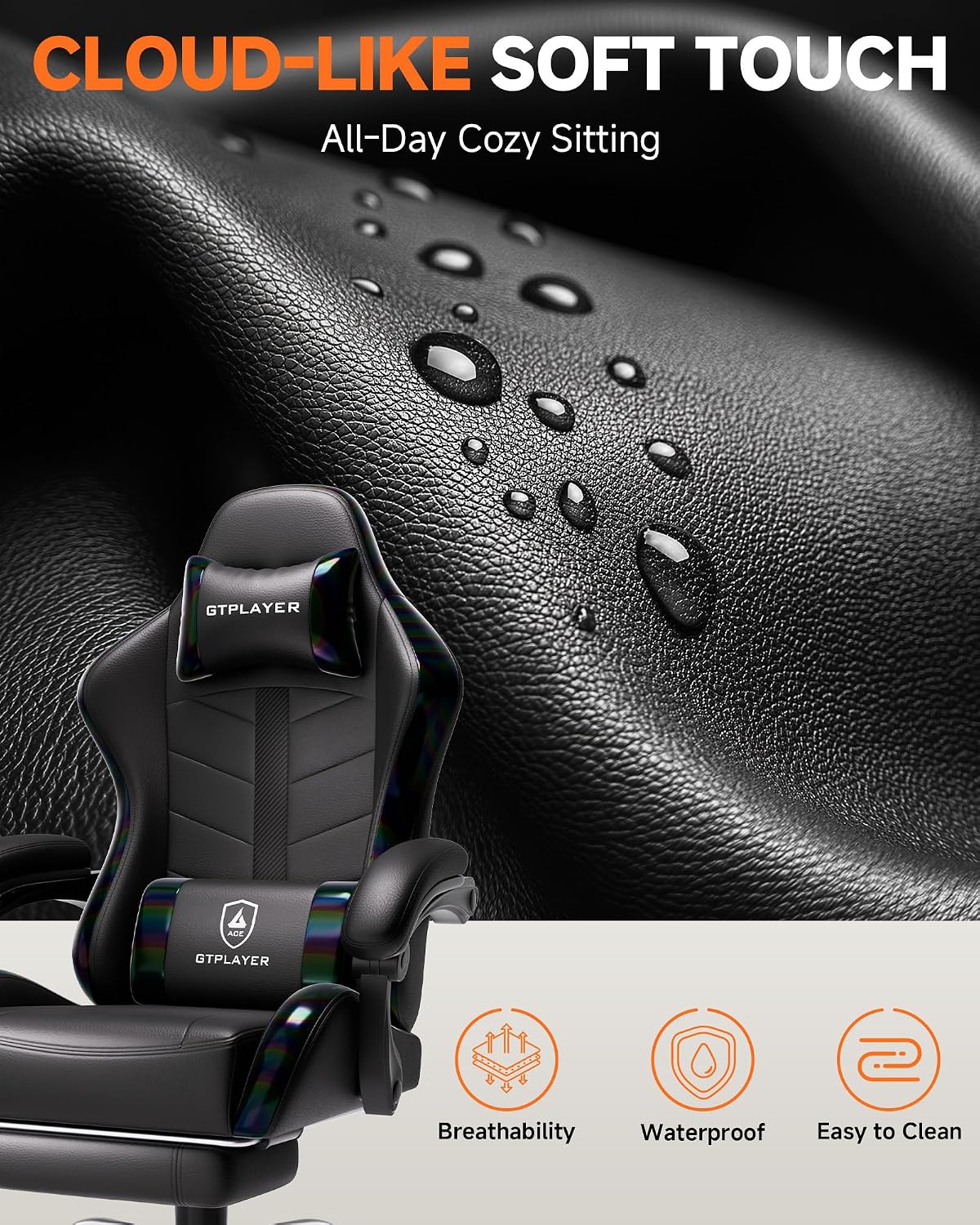 GTPLAYER Gaming Chair with Footrest, Computer Gaming Chair for Adults and Kids, Height Adjustable Gamer Chair with 90-155° Recline & Removable Headrest Lumbar Support, 01 Iridescent Black