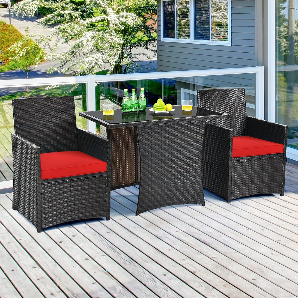 Tangkula 3 Pieces Patio Dining Set, Space-Saving PE Rattan Bistro Set with Tempered Glass Top Table and Cushioned Chairs, Outdoor Conversation Set for Garden Backyard Poolside Porch (Red)