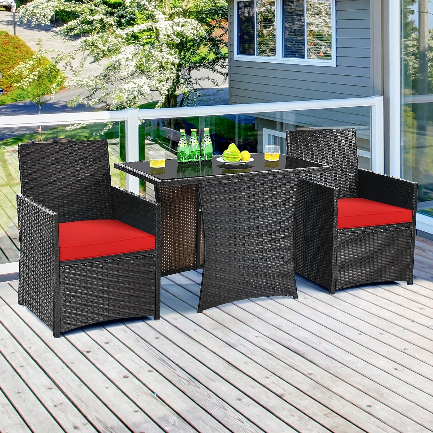 Tangkula 3 Pieces Patio Dining Set, Space-Saving PE Rattan Bistro Set with Tempered Glass Top Table and Cushioned Chairs, Outdoor Conversation Set for Garden Backyard Poolside Porch (Red)