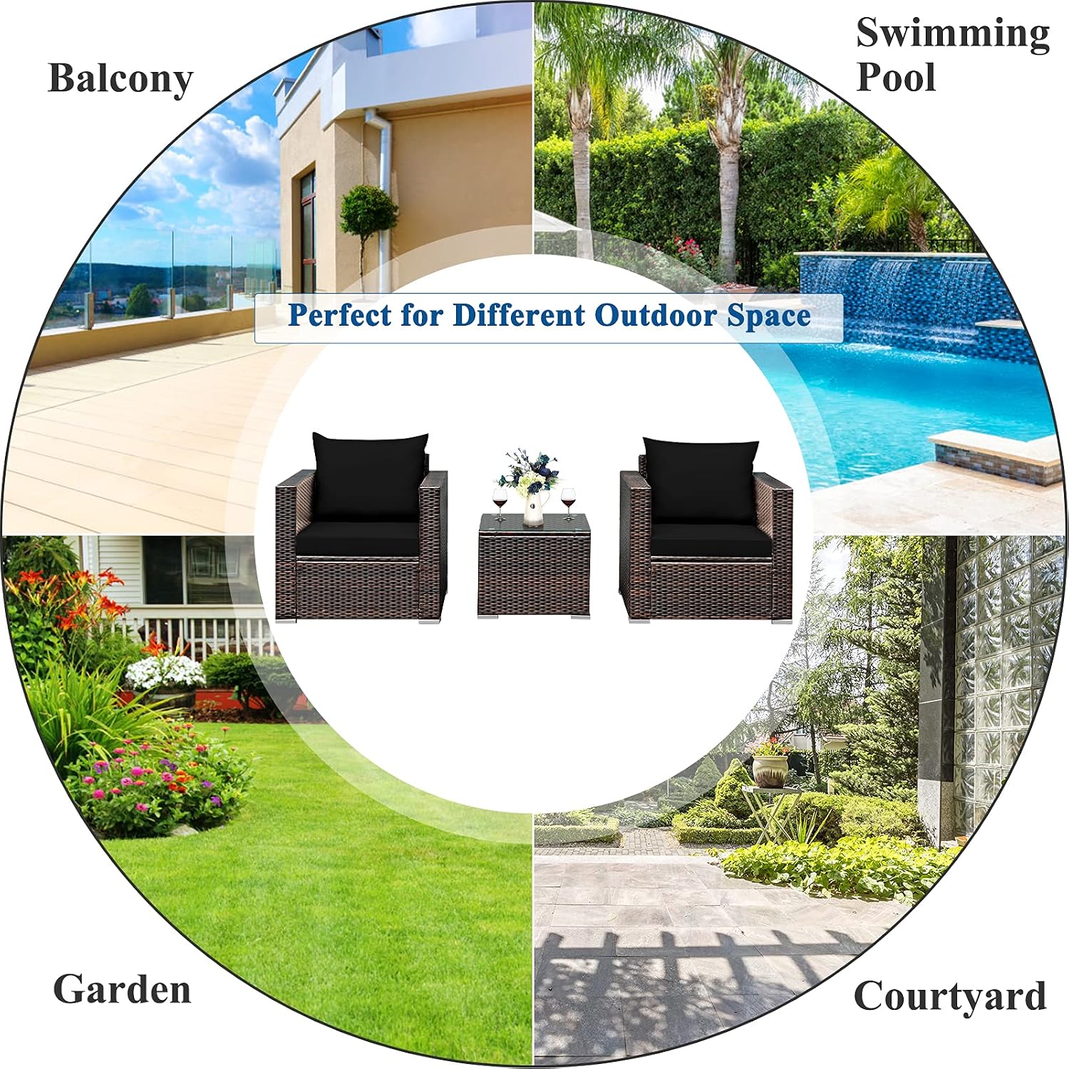 Tangkula 3 Pieces Patio Furniture Set, Outdoor Conversation Rattan Furniture Set w/Washable Cushion and Tempered Glass Tabletop, PE Rattan Wicker Sofa Set for Garden Poolside Balcony