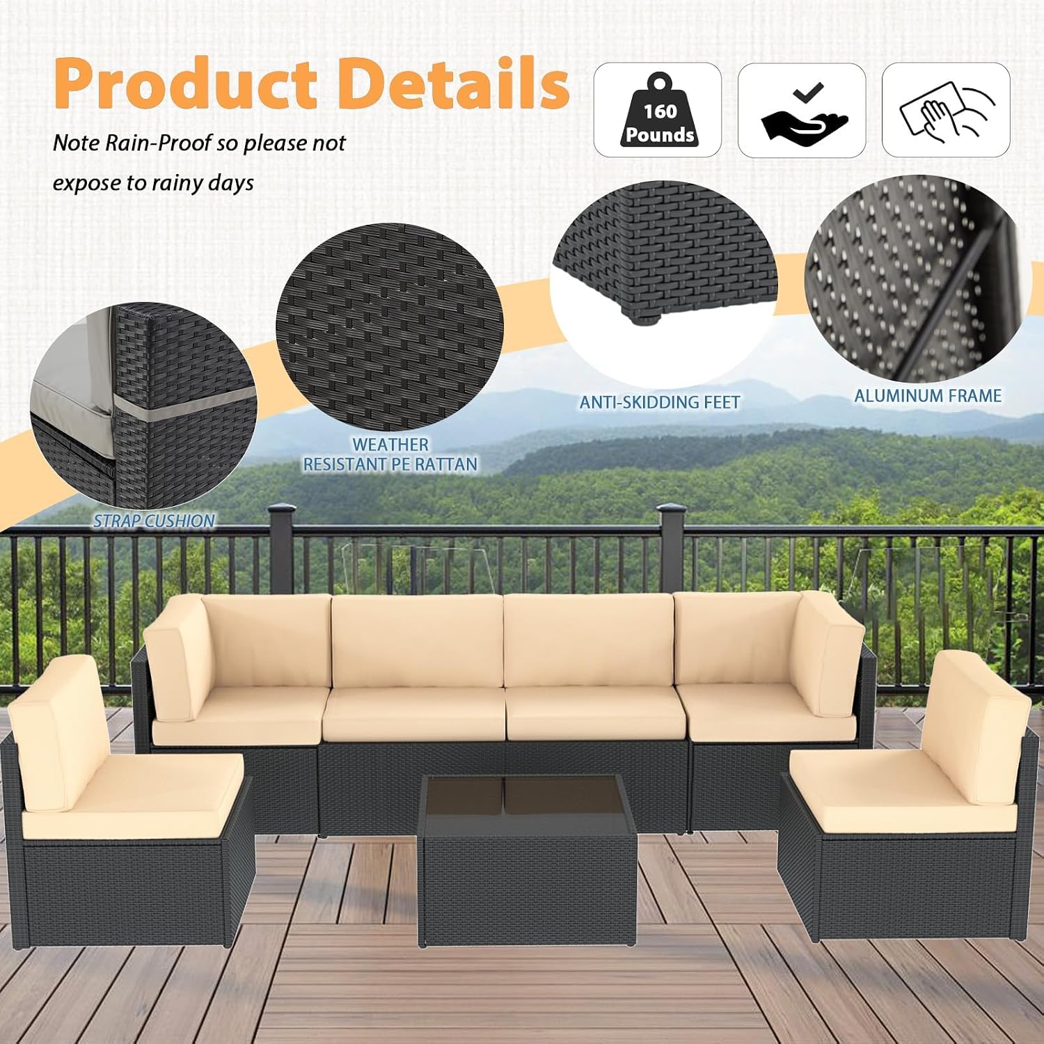 AECOJOY 7 Piece Outdoor Patio Furniture Set, Outdoor Sectional Conversation Furniture Chair with Coffee Table,Patio Sectional for Garden,Backyard(Khaki Cushions and Black PE Rattan, with Cover)