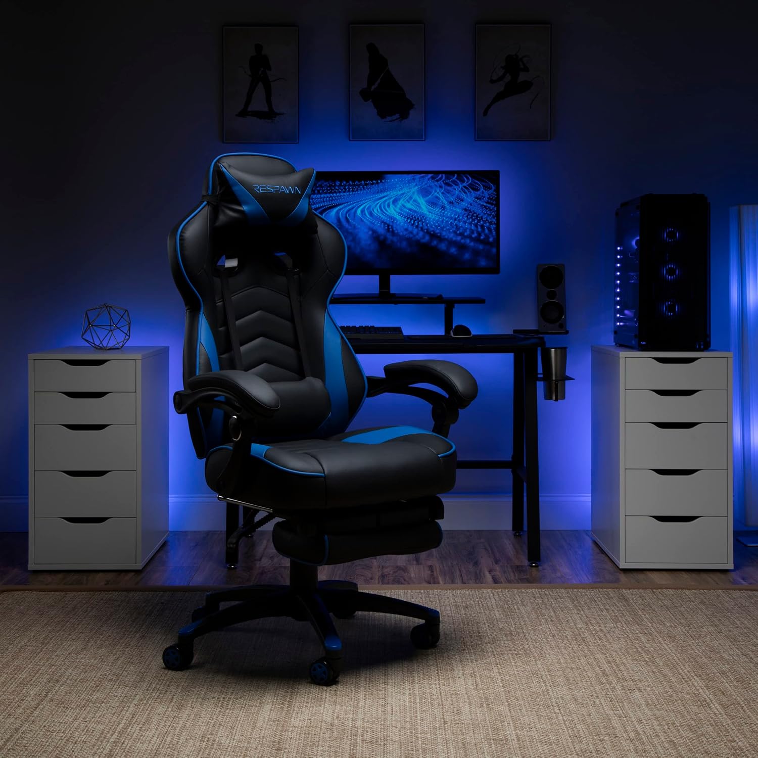 RESPAWN 110 Ergonomic Gaming Chair with Footrest Recliner - Racing Style High Back PC Computer Desk Office Chair - 360 Swivel, Adjustable Lumbar Support, Headrest Pillow, Padded Armrests - 2019 Blue